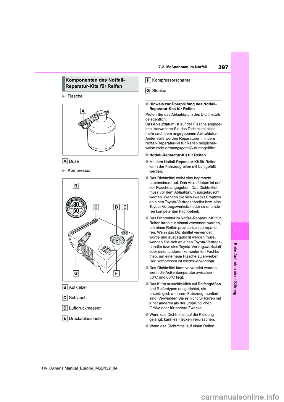 TOYOTA YARIS 2022 Betriebsanleitungen (in German) 397
7
HV Owner's Manual_Europe_M52N32_de
7-2. Maßnahmen im Notfall
Beim Auftreten einer Störung
Flasche
Düse
Kompressor
Aufkleber
Schlauch
Luftdruckmesser
Druckablasstaste
Kompresso TOYOTA YARIS 2022 Betriebsanleitungen (in German) 397
7
HV Owner's Manual_Europe_M52N32_de
7-2. Maßnahmen im Notfall
Beim Auftreten einer Störung
Flasche
Düse
Kompressor
Aufkleber
Schlauch
Luftdruckmesser
Druckablasstaste
Kompresso