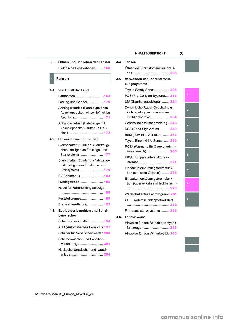 TOYOTA YARIS 2022  Betriebsanleitungen (in German) 3
HV Owner's Manual_Europe_M52N32_de
INHALTSÜBERSICHT
1 
6 
5
4
3
2
8
7
3-5. Öffnen und Schließen der Fenster 
Elektrische Fensterheber ......... 160 
4-1. Vor Antritt der Fahrt 
Fahrbetrieb...