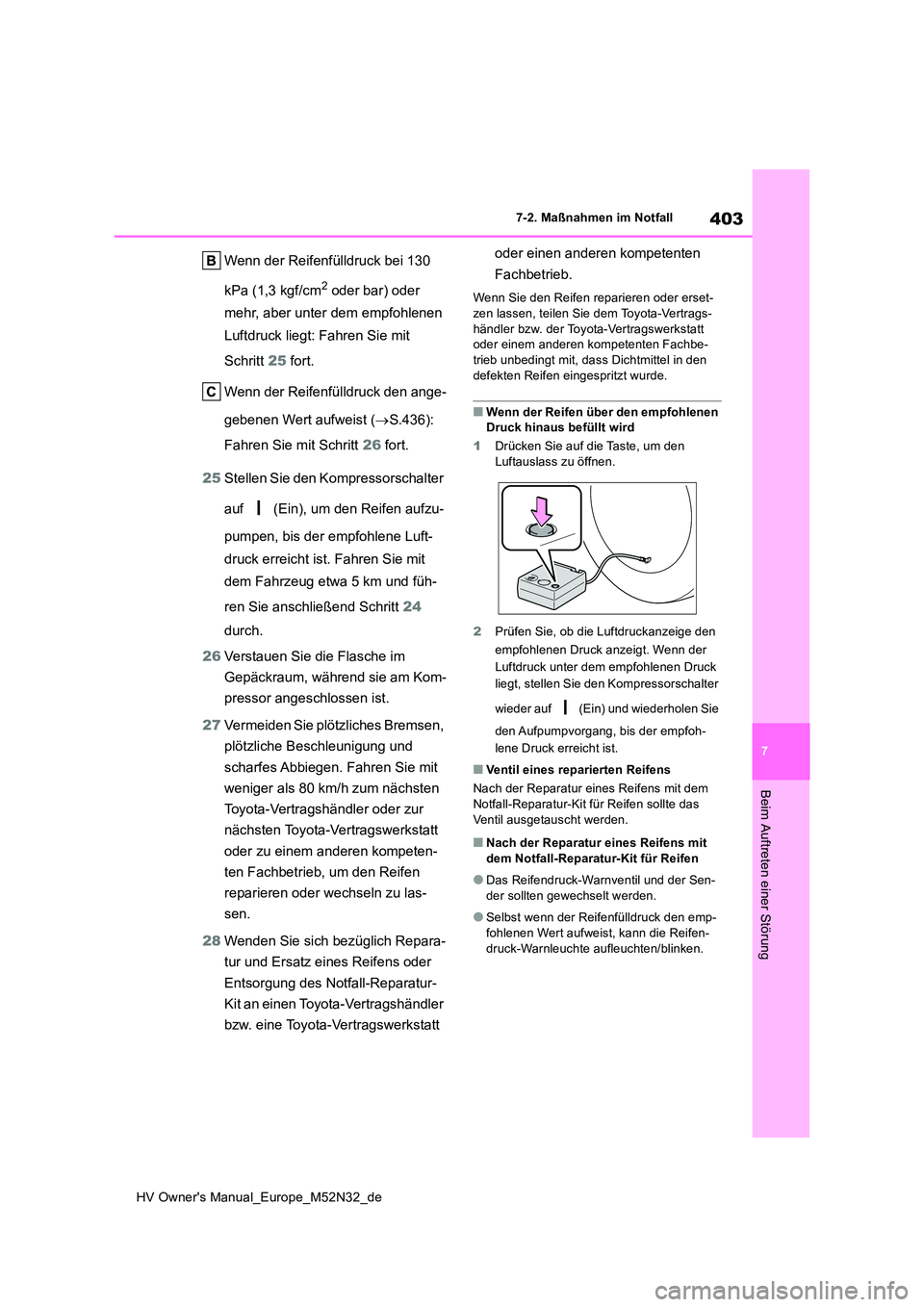 TOYOTA YARIS 2022 Betriebsanleitungen (in German) 403
7
HV Owner's Manual_Europe_M52N32_de
7-2. Maßnahmen im Notfall
Beim Auftreten einer Störung
Wenn der Reifenfülldruck bei 130
kPa (1,3 kgf/cm2 oder bar) oder
mehr, aber unter dem empfohl TOYOTA YARIS 2022 Betriebsanleitungen (in German) 403
7
HV Owner's Manual_Europe_M52N32_de
7-2. Maßnahmen im Notfall
Beim Auftreten einer Störung
Wenn der Reifenfülldruck bei 130
kPa (1,3 kgf/cm2 oder bar) oder
mehr, aber unter dem empfohl
