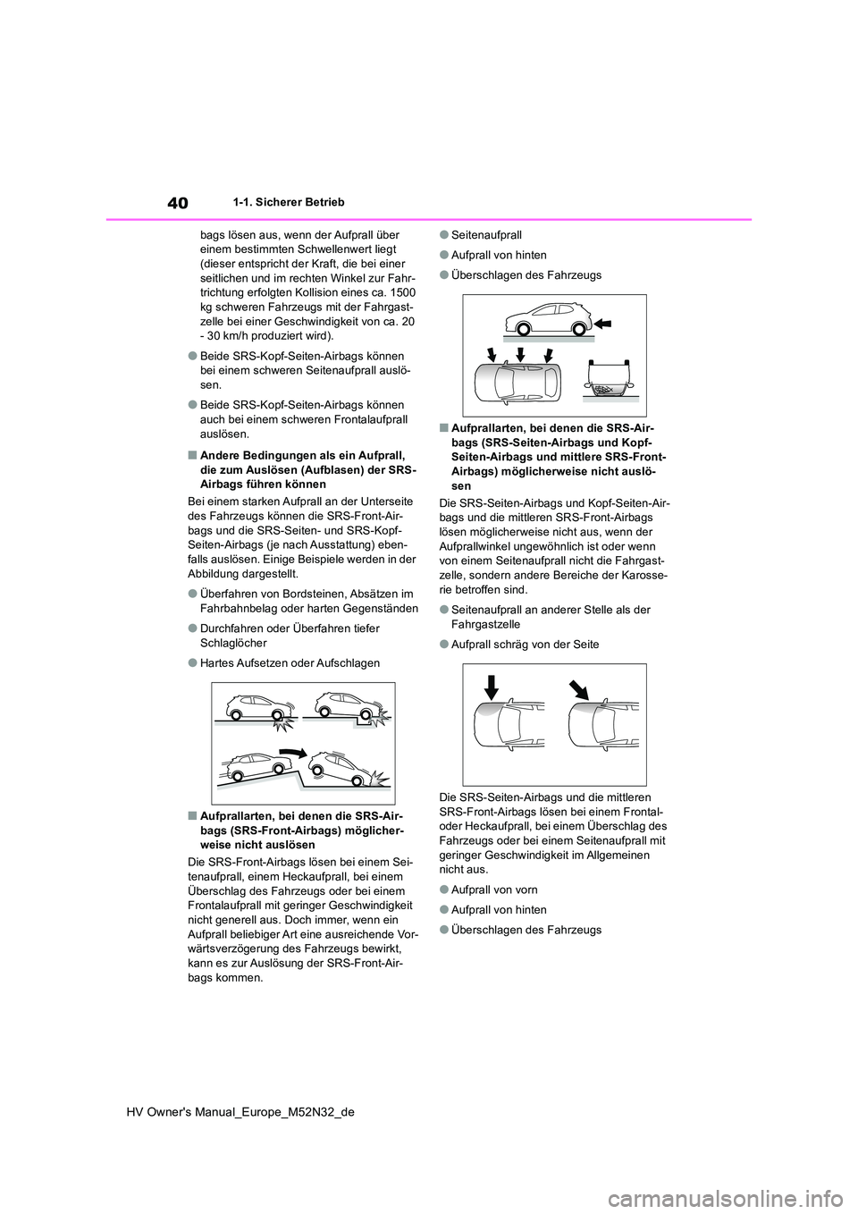 TOYOTA YARIS 2022  Betriebsanleitungen (in German) 40
HV Owner's Manual_Europe_M52N32_de
1-1. Sicherer Betrieb 
bags lösen aus, wenn  der Aufprall über  einem bestimmten Schwellenwert liegt (dieser entspricht der Kraft, die bei einer  
seitliche