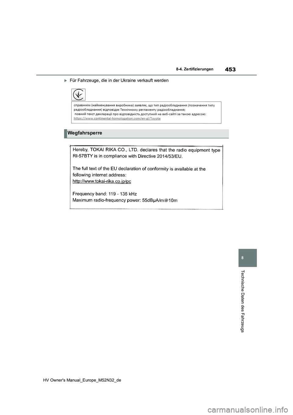 TOYOTA YARIS 2022  Betriebsanleitungen (in German) 453
8
HV Owner's Manual_Europe_M52N32_de
8-4. Zertifizierungen
Technische Daten des Fahrzeugs
Für Fahrzeuge, die in der Ukraine verkauft werden
Wegfahrsperre 
