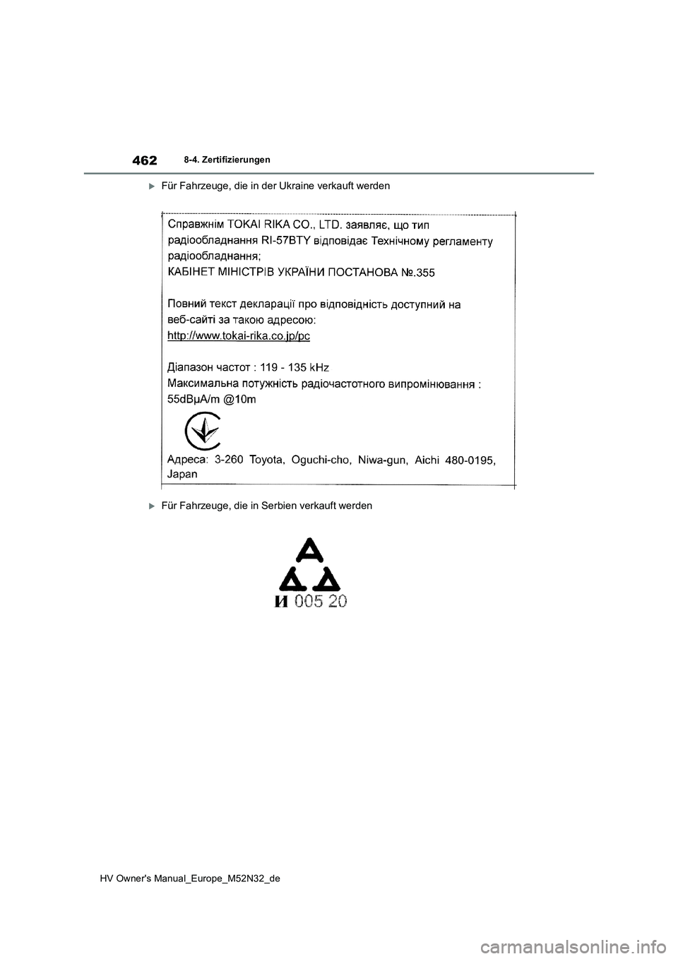 TOYOTA YARIS 2022 Betriebsanleitungen (in German) 462
HV Owner's Manual_Europe_M52N32_de
8-4. Zertifizierungen
Für Fahrzeuge, die in der Ukraine verkauft werden
Für Fahrzeuge, die in Serbien verkauft werden TOYOTA YARIS 2022 Betriebsanleitungen (in German) 462
HV Owner's Manual_Europe_M52N32_de
8-4. Zertifizierungen
Für Fahrzeuge, die in der Ukraine verkauft werden
Für Fahrzeuge, die in Serbien verkauft werden