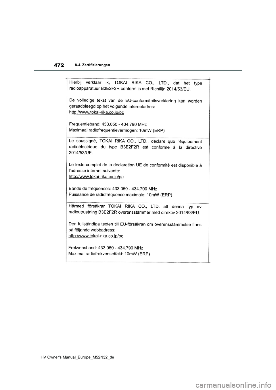 TOYOTA YARIS 2022 Betriebsanleitungen (in German) 472
HV Owner's Manual_Europe_M52N32_de
8-4. Zertifizierungen TOYOTA YARIS 2022 Betriebsanleitungen (in German) 472
HV Owner's Manual_Europe_M52N32_de
8-4. Zertifizierungen
