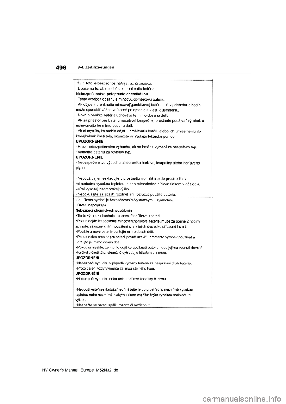 TOYOTA YARIS 2022 Betriebsanleitungen (in German) 496
HV Owner's Manual_Europe_M52N32_de
8-4. Zertifizierungen TOYOTA YARIS 2022 Betriebsanleitungen (in German) 496
HV Owner's Manual_Europe_M52N32_de
8-4. Zertifizierungen