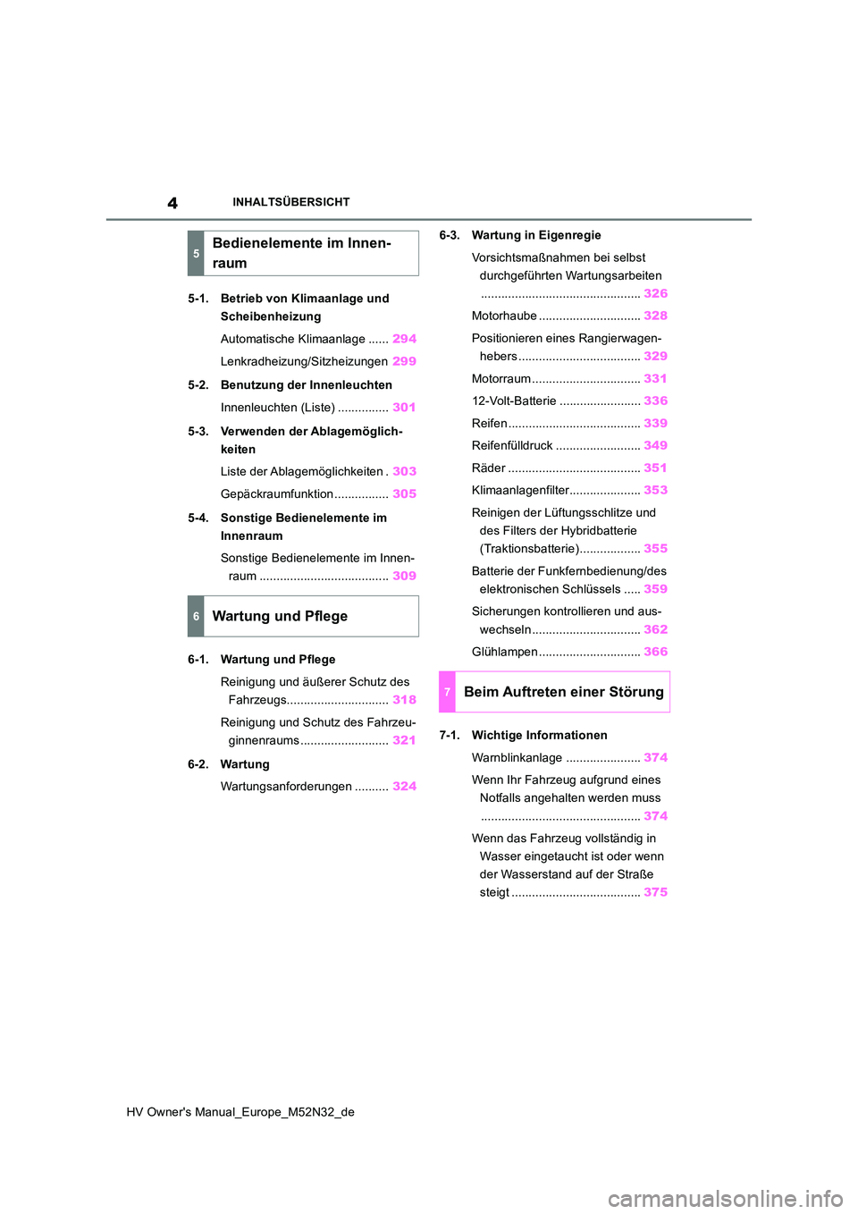 TOYOTA YARIS 2022 Betriebsanleitungen (in German) 4
HV Owner's Manual_Europe_M52N32_de
INHALTSÜBERSICHT
5-1. Betrieb von Klimaanlage und
Scheibenheizung
Automatische Klimaanlage ...... 294
Lenkradheizung/Sitzheizungen 299
5-2. Benutzung der TOYOTA YARIS 2022 Betriebsanleitungen (in German) 4
HV Owner's Manual_Europe_M52N32_de
INHALTSÜBERSICHT
5-1. Betrieb von Klimaanlage und
Scheibenheizung
Automatische Klimaanlage ...... 294
Lenkradheizung/Sitzheizungen 299
5-2. Benutzung der