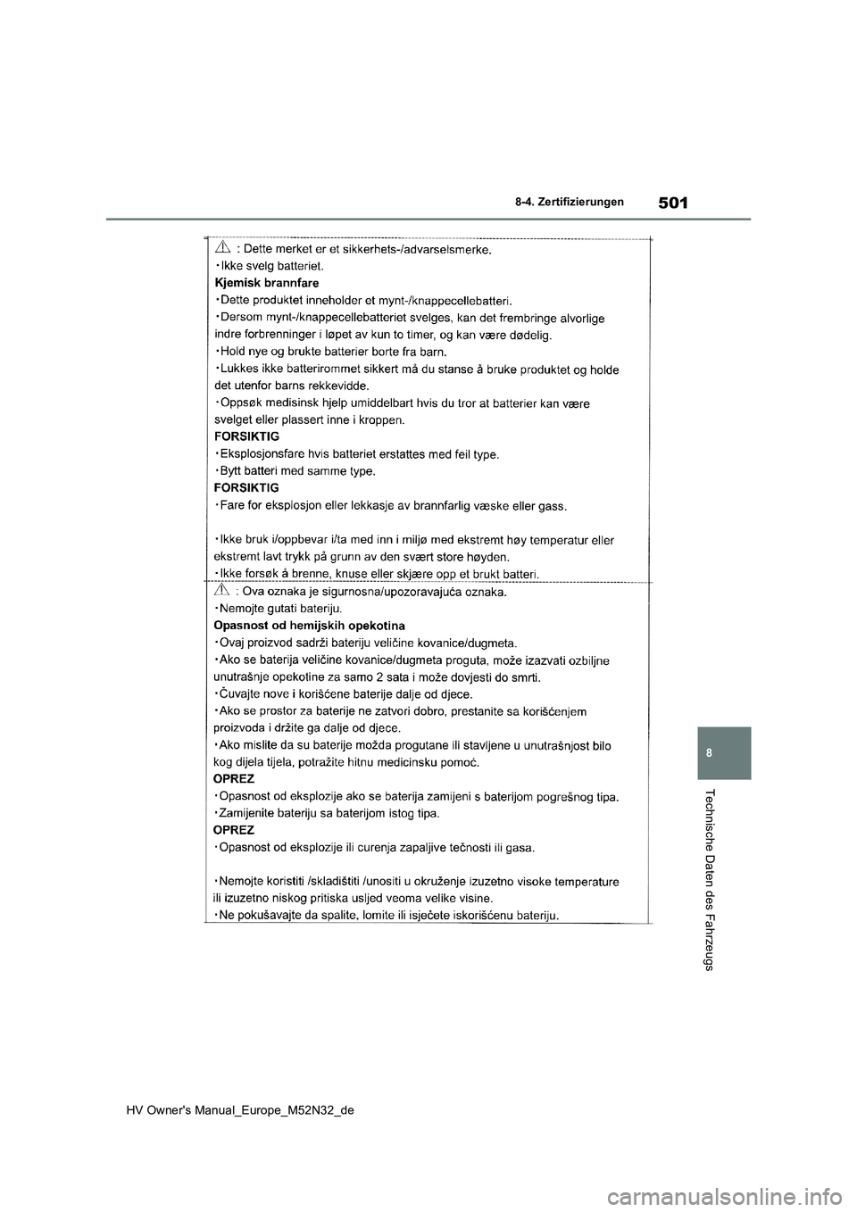 TOYOTA YARIS 2022 Betriebsanleitungen (in German) 501
8
HV Owner's Manual_Europe_M52N32_de
8-4. Zertifizierungen
Technische Daten des Fahrzeugs TOYOTA YARIS 2022 Betriebsanleitungen (in German) 501
8
HV Owner's Manual_Europe_M52N32_de
8-4. Zertifizierungen
Technische Daten des Fahrzeugs