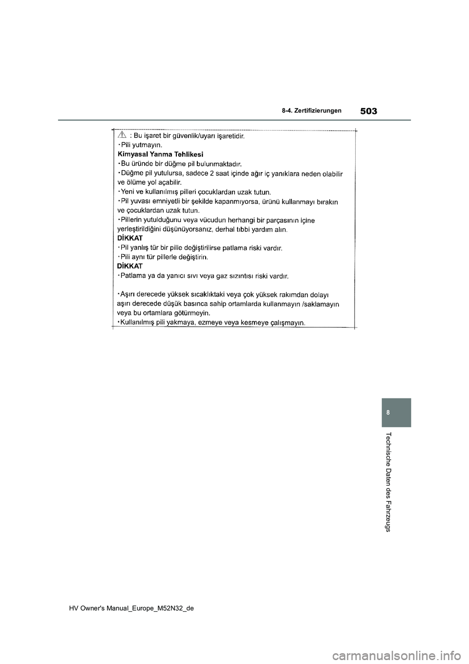 TOYOTA YARIS 2022 Betriebsanleitungen (in German) 503
8
HV Owner's Manual_Europe_M52N32_de
8-4. Zertifizierungen
Technische Daten des Fahrzeugs TOYOTA YARIS 2022 Betriebsanleitungen (in German) 503
8
HV Owner's Manual_Europe_M52N32_de
8-4. Zertifizierungen
Technische Daten des Fahrzeugs