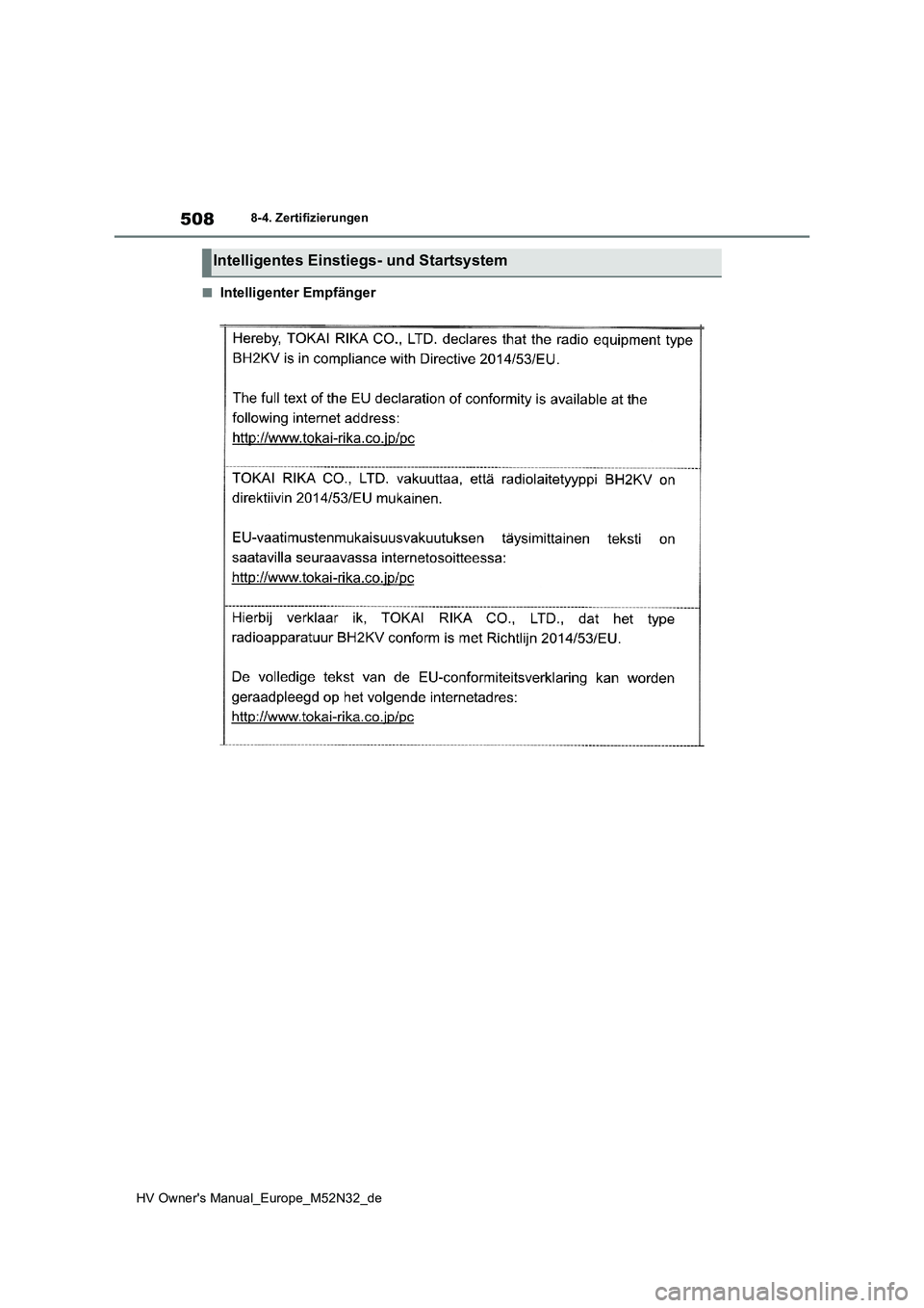 TOYOTA YARIS 2022 Betriebsanleitungen (in German) 508
HV Owner's Manual_Europe_M52N32_de
8-4. Zertifizierungen
■Intelligenter Empfänger
Intelligentes Einstiegs- und Startsystem TOYOTA YARIS 2022 Betriebsanleitungen (in German) 508
HV Owner's Manual_Europe_M52N32_de
8-4. Zertifizierungen
■Intelligenter Empfänger
Intelligentes Einstiegs- und Startsystem
