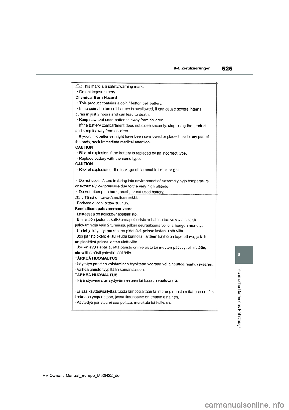 TOYOTA YARIS 2022 Betriebsanleitungen (in German) 525
8
HV Owner's Manual_Europe_M52N32_de
8-4. Zertifizierungen
Technische Daten des Fahrzeugs TOYOTA YARIS 2022 Betriebsanleitungen (in German) 525
8
HV Owner's Manual_Europe_M52N32_de
8-4. Zertifizierungen
Technische Daten des Fahrzeugs