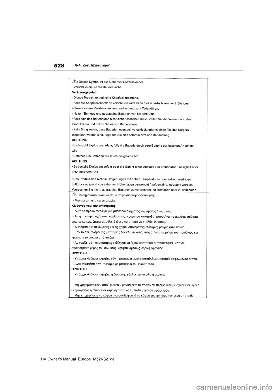 TOYOTA YARIS 2022 Betriebsanleitungen (in German) 528
HV Owner's Manual_Europe_M52N32_de
8-4. Zertifizierungen TOYOTA YARIS 2022 Betriebsanleitungen (in German) 528
HV Owner's Manual_Europe_M52N32_de
8-4. Zertifizierungen