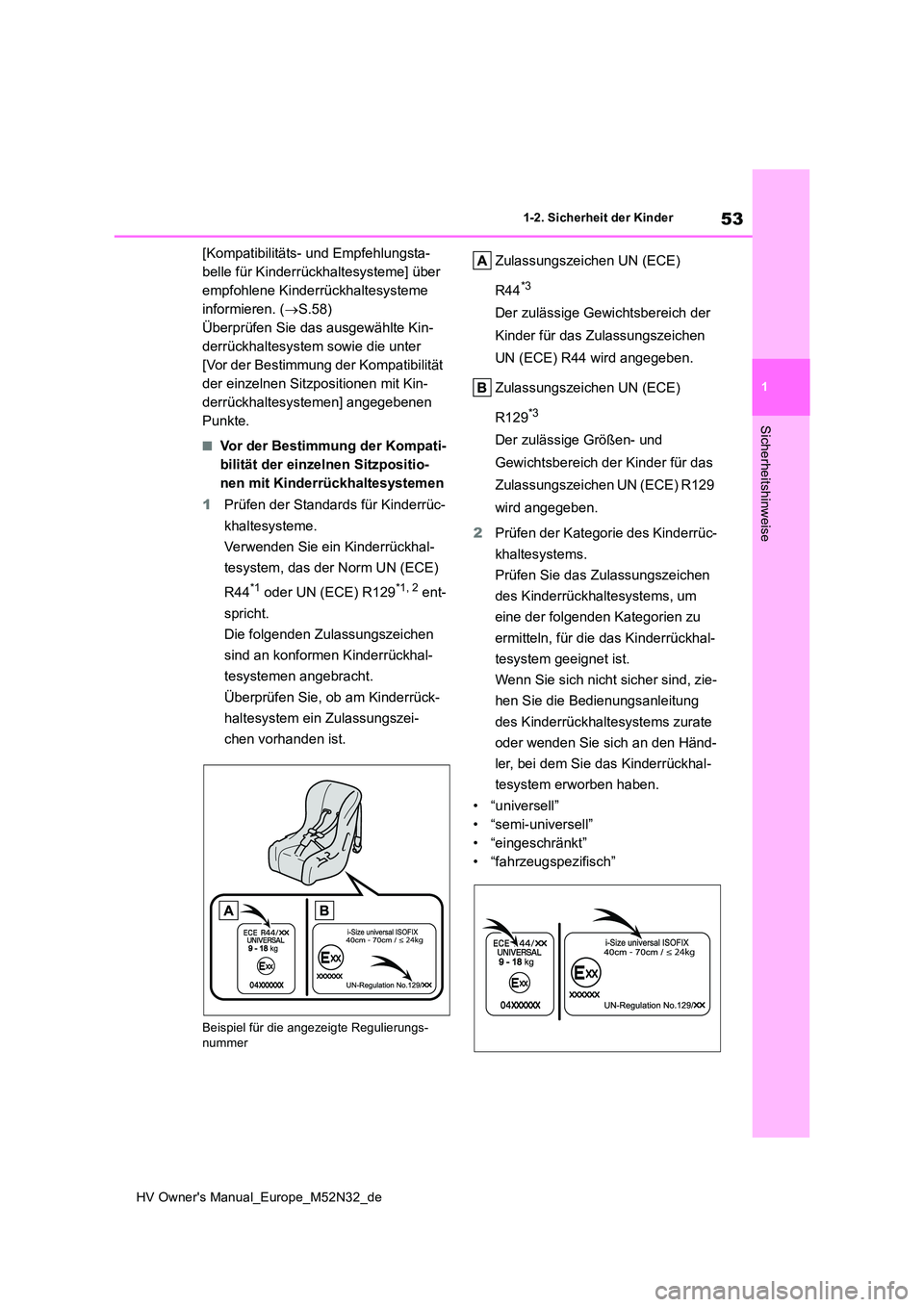 TOYOTA YARIS 2022  Betriebsanleitungen (in German) 53
1
HV Owner's Manual_Europe_M52N32_de
1-2. Sicherheit der Kinder
Sicherheitshinweise
[Kompatibilitäts- und Empfehlungsta- 
belle für Kinderrückhaltesysteme] über 
empfohlene Kinderrückhalte