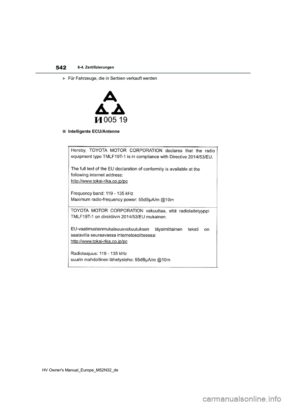 TOYOTA YARIS 2022  Betriebsanleitungen (in German) 542
HV Owner's Manual_Europe_M52N32_de
8-4. Zertifizierungen
Für Fahrzeuge, die in Serbien verkauft werden
■Intelligente ECU/Antenne 