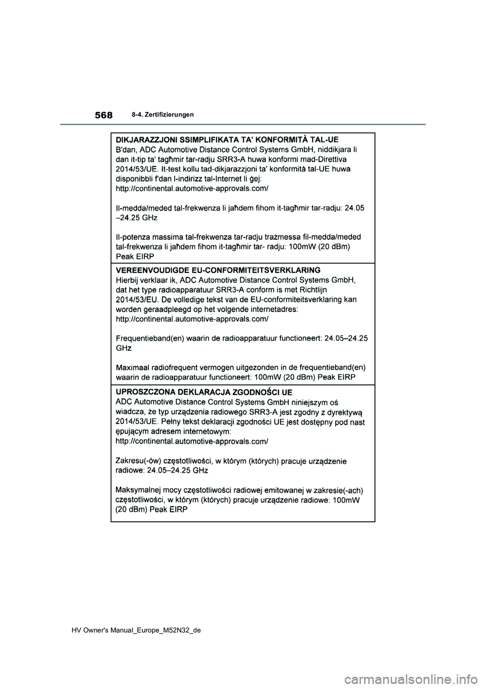 TOYOTA YARIS 2022  Betriebsanleitungen (in German) 568
HV Owner's Manual_Europe_M52N32_de
8-4. Zertifizierungen 