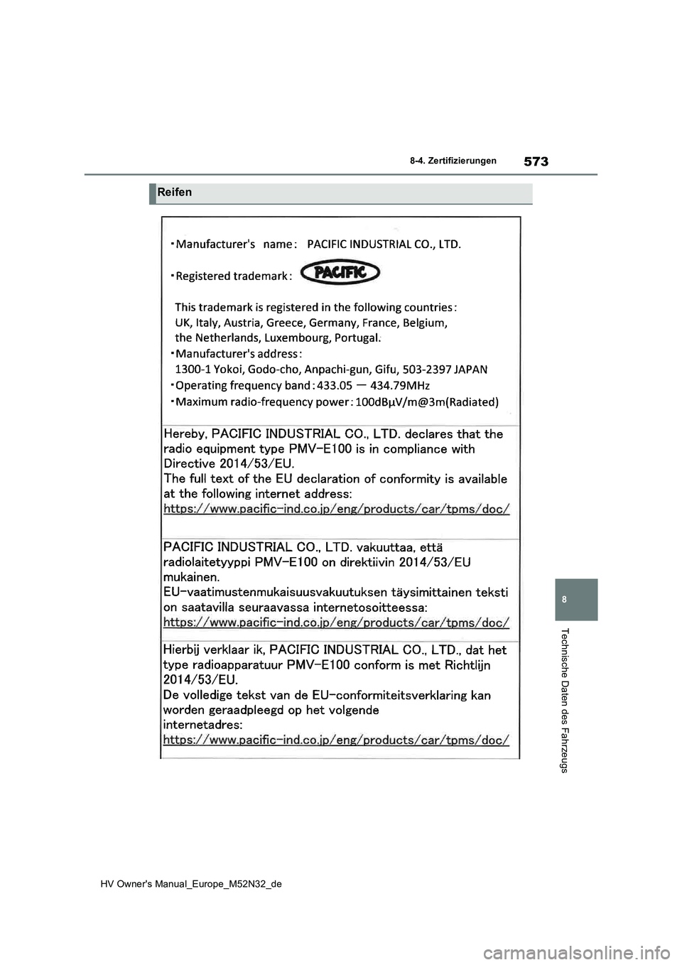 TOYOTA YARIS 2022  Betriebsanleitungen (in German) 573
8
HV Owner's Manual_Europe_M52N32_de
8-4. Zertifizierungen
Technische Daten des Fahrzeugs
Reifen 