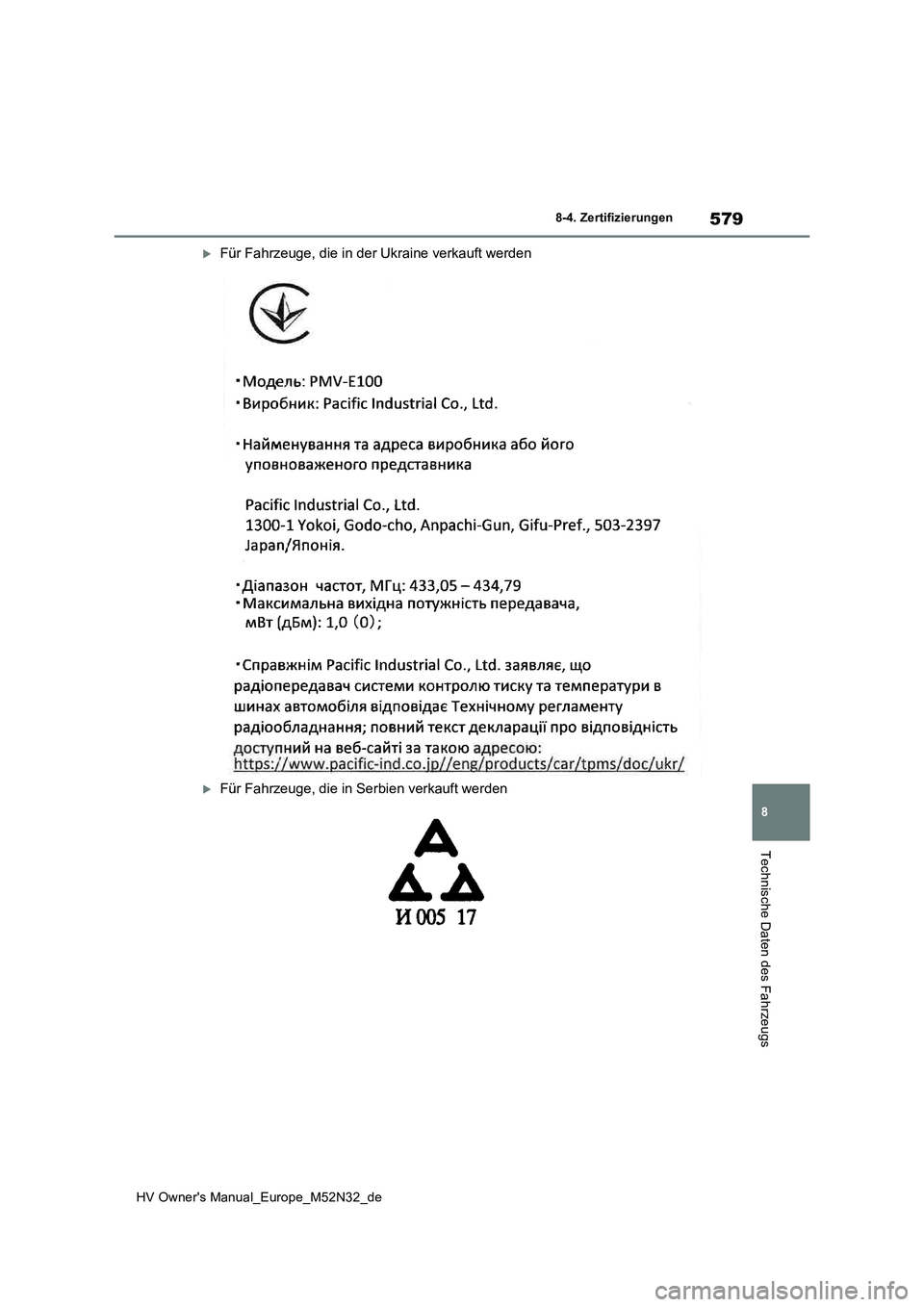 TOYOTA YARIS 2022  Betriebsanleitungen (in German) 579
8
HV Owner's Manual_Europe_M52N32_de
8-4. Zertifizierungen
Technische Daten des Fahrzeugs
Für Fahrzeuge, die in der Ukraine verkauft werden
Für Fahrzeuge, die in Serbien verkauft werde