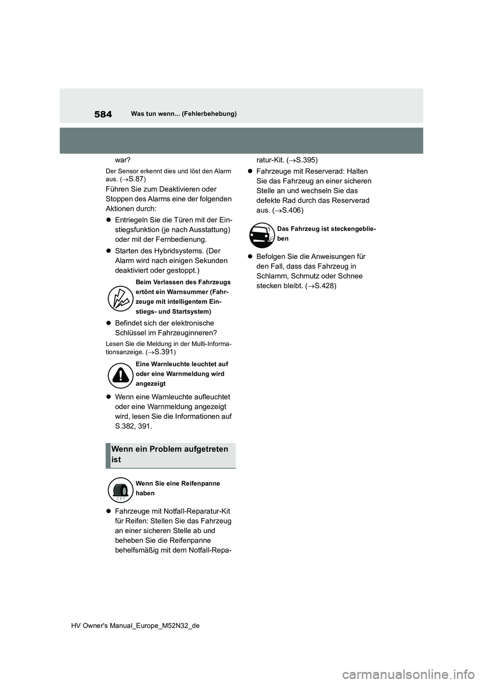 TOYOTA YARIS 2022  Betriebsanleitungen (in German) 584
HV Owner's Manual_Europe_M52N32_de
Was tun wenn... (Fehlerbehebung)
war?
Der Sensor erkennt dies und löst den Alarm  aus. ( S.87)
Führen Sie zum Deaktivieren oder  
Stoppen des Alarms ein