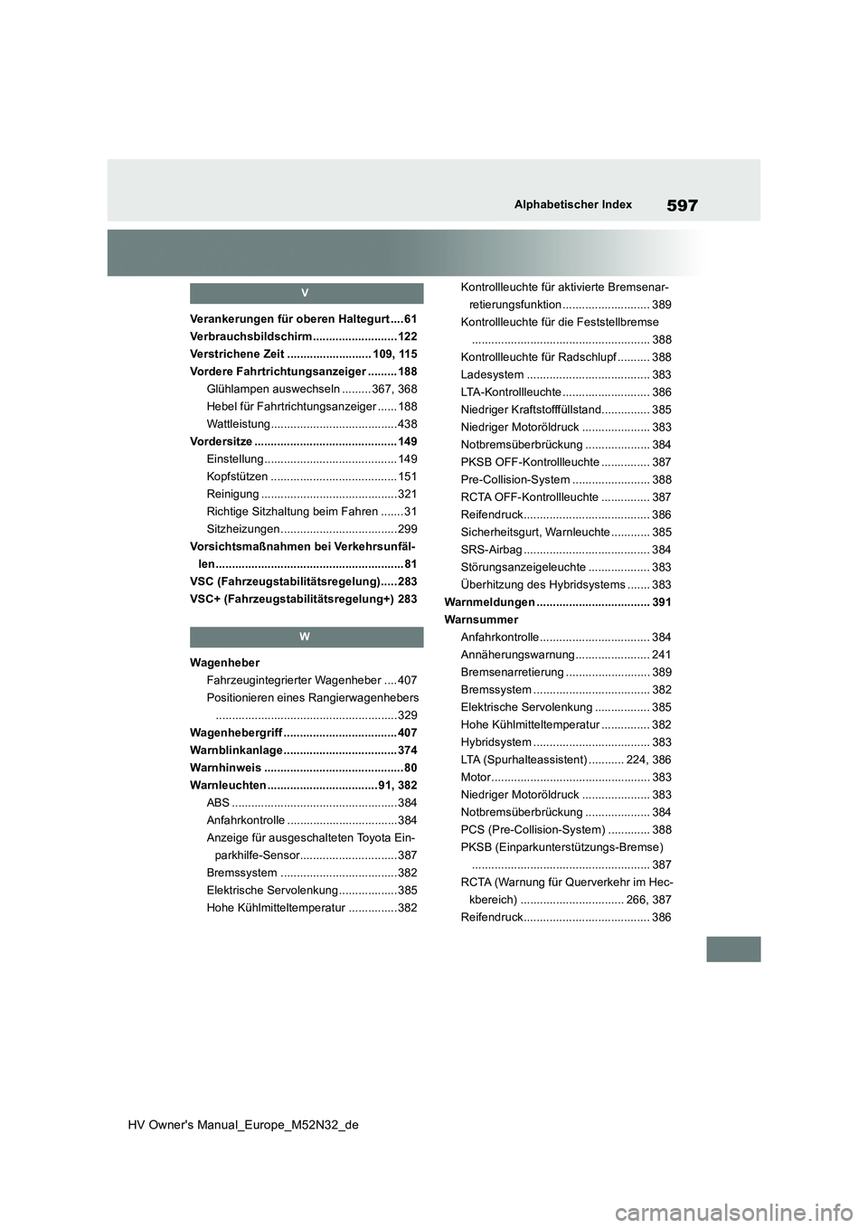 TOYOTA YARIS 2022  Betriebsanleitungen (in German) 597
HV Owner's Manual_Europe_M52N32_de
Alphabetischer Index
V
Verankerungen für oberen Haltegurt .... 61 
Verbrauchsbildschirm.......................... 122
Verstrichene Zeit ....................