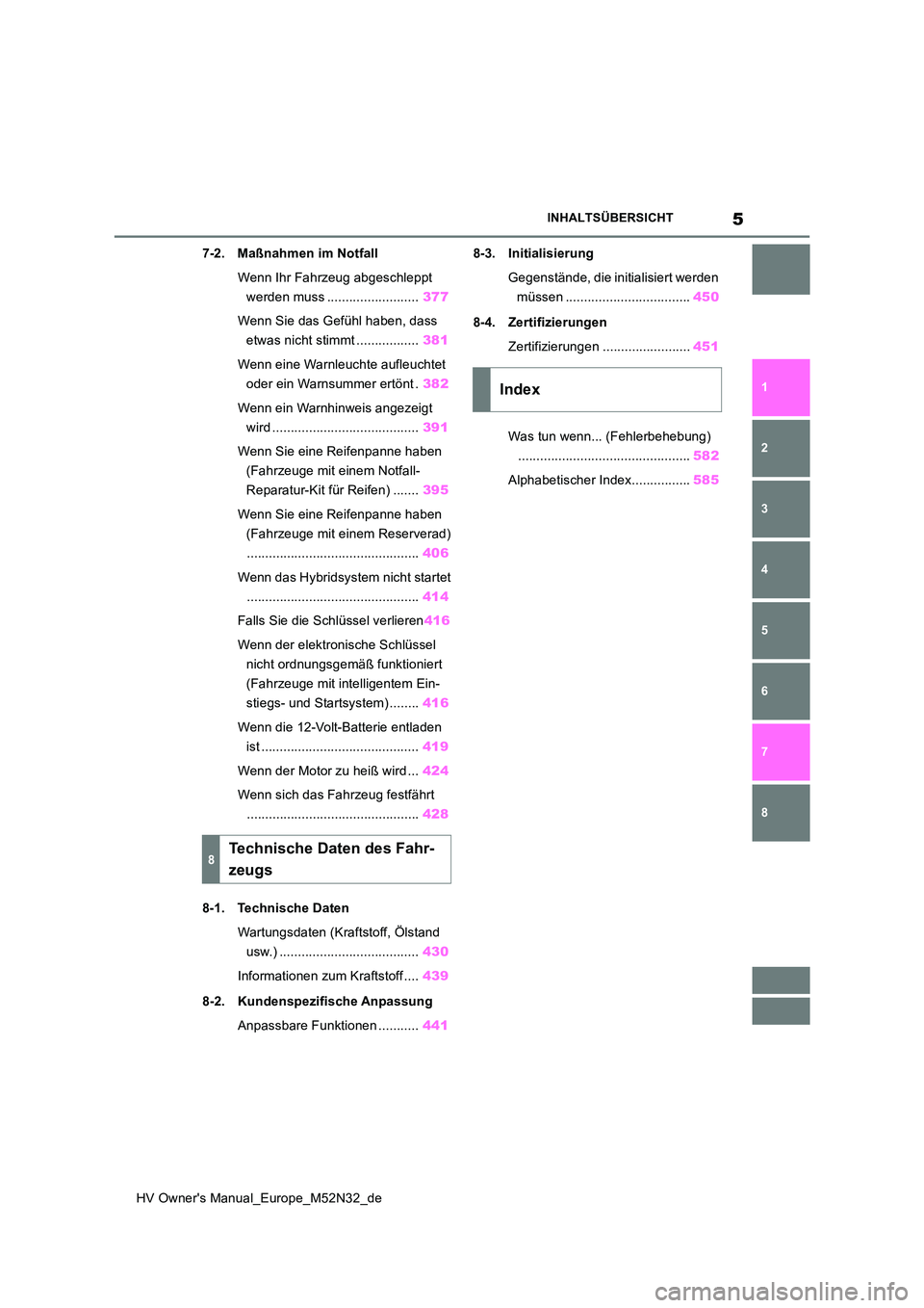 TOYOTA YARIS 2022 Betriebsanleitungen (in German) 5
HV Owner's Manual_Europe_M52N32_de
INHALTSÜBERSICHT
1
6
5
4
3
2
8
7
7-2. Maßnahmen im Notfall
Wenn Ihr Fahrzeug abgeschleppt
werden muss ......................... 377
Wenn Sie das Gefüh TOYOTA YARIS 2022 Betriebsanleitungen (in German) 5
HV Owner's Manual_Europe_M52N32_de
INHALTSÜBERSICHT
1
6
5
4
3
2
8
7
7-2. Maßnahmen im Notfall
Wenn Ihr Fahrzeug abgeschleppt
werden muss ......................... 377
Wenn Sie das Gefüh
