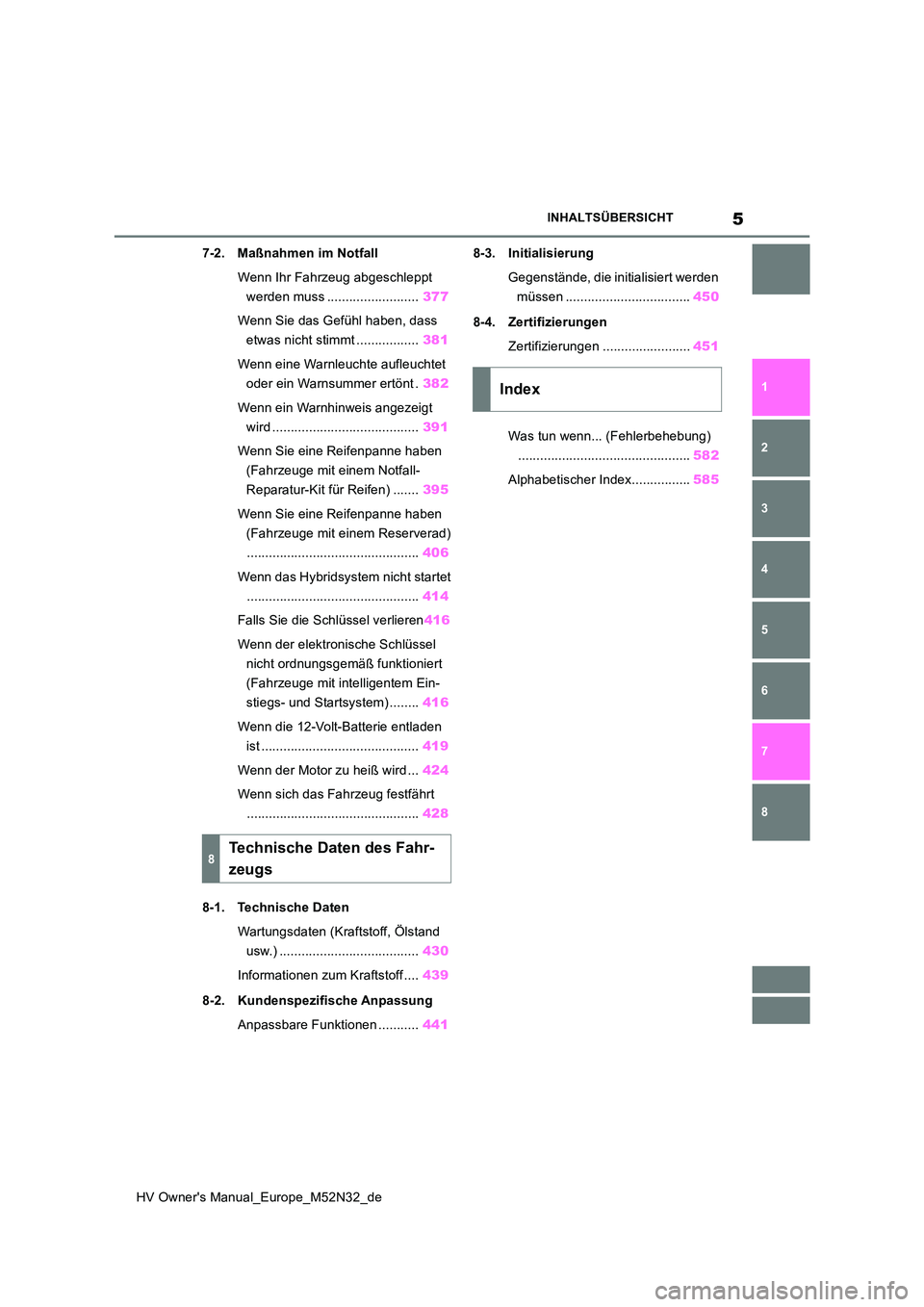 TOYOTA YARIS 2022  Betriebsanleitungen (in German) 5
HV Owner's Manual_Europe_M52N32_de
INHALTSÜBERSICHT
1 
6 
5
4
3
2
8
7
7-2. Maßnahmen im Notfall 
Wenn Ihr Fahrzeug abgeschleppt  
werden muss ......................... 377 
Wenn Sie das Gefüh