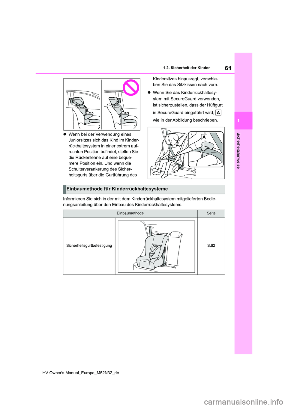 TOYOTA YARIS 2022  Betriebsanleitungen (in German) 61
1
HV Owner's Manual_Europe_M52N32_de
1-2. Sicherheit der Kinder
SicherheitshinweiseWenn bei der Verwendung eines  
Juniorsitzes sich das Kind im Kinder-
rückhaltesystem in einer extrem auf-