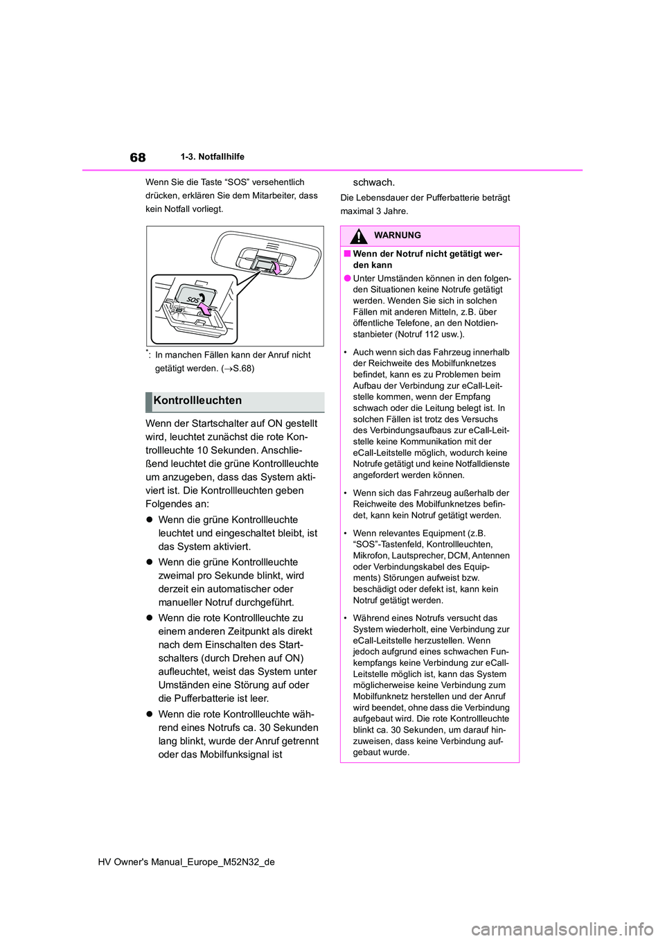 TOYOTA YARIS 2022  Betriebsanleitungen (in German) 68
HV Owner's Manual_Europe_M52N32_de
1-3. Notfallhilfe 
Wenn Sie die Taste “SOS” versehentlich  
drücken, erklären Sie dem Mitarbeiter, dass 
kein Notfall vorliegt.
*: In manchen Fällen ka