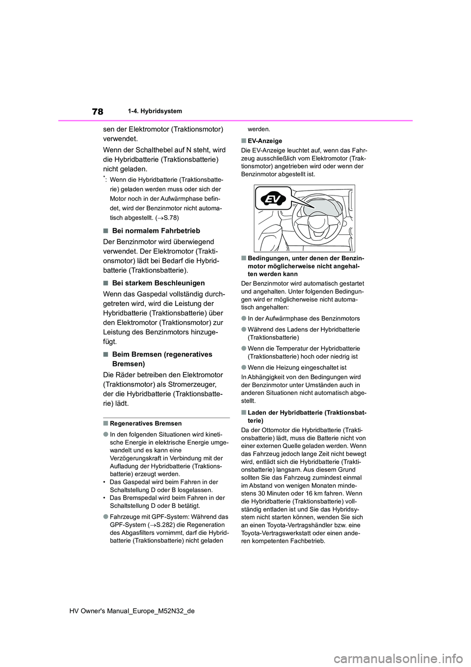 TOYOTA YARIS 2022  Betriebsanleitungen (in German) 78
HV Owner's Manual_Europe_M52N32_de
1-4. Hybridsystem
sen der Elektromotor (Traktionsmotor)  
verwendet. 
Wenn der Schalthebel auf N steht, wird  
die Hybridbatterie (Traktionsbatterie) 
nicht g TOYOTA YARIS 2022  Betriebsanleitungen (in German) 78
HV Owner's Manual_Europe_M52N32_de
1-4. Hybridsystem
sen der Elektromotor (Traktionsmotor)  
verwendet. 
Wenn der Schalthebel auf N steht, wird  
die Hybridbatterie (Traktionsbatterie) 
nicht g