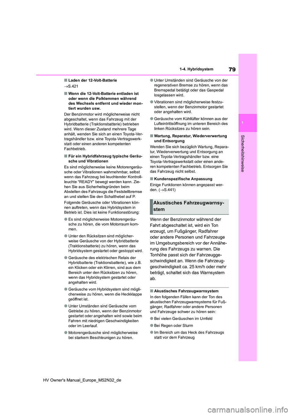 TOYOTA YARIS 2022 Betriebsanleitungen (in German) 79
1
HV Owner's Manual_Europe_M52N32_de
1-4. Hybridsystem
Sicherheitshinweise
■Laden der 12-Volt-Batterie
S.421
■Wenn die 12-Volt-Batterie entladen ist oder wenn die Polklemmen während TOYOTA YARIS 2022 Betriebsanleitungen (in German) 79
1
HV Owner's Manual_Europe_M52N32_de
1-4. Hybridsystem
Sicherheitshinweise
■Laden der 12-Volt-Batterie
S.421
■Wenn die 12-Volt-Batterie entladen ist oder wenn die Polklemmen während