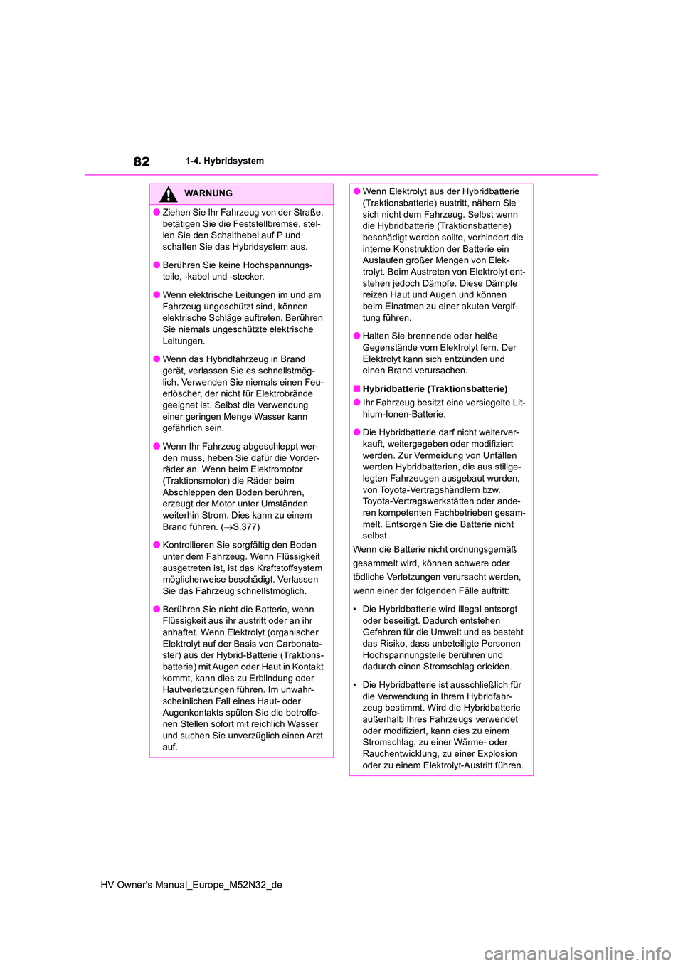 TOYOTA YARIS 2022 Betriebsanleitungen (in German) 82
HV Owner's Manual_Europe_M52N32_de
1-4. Hybridsystem
WARNUNG
●Ziehen Sie Ihr Fahrzeug von der Straße,
betätigen Sie die Feststellbremse, stel- len Sie den Schalthebel auf P und schalten S TOYOTA YARIS 2022 Betriebsanleitungen (in German) 82
HV Owner's Manual_Europe_M52N32_de
1-4. Hybridsystem
WARNUNG
●Ziehen Sie Ihr Fahrzeug von der Straße,
betätigen Sie die Feststellbremse, stel- len Sie den Schalthebel auf P und schalten S
