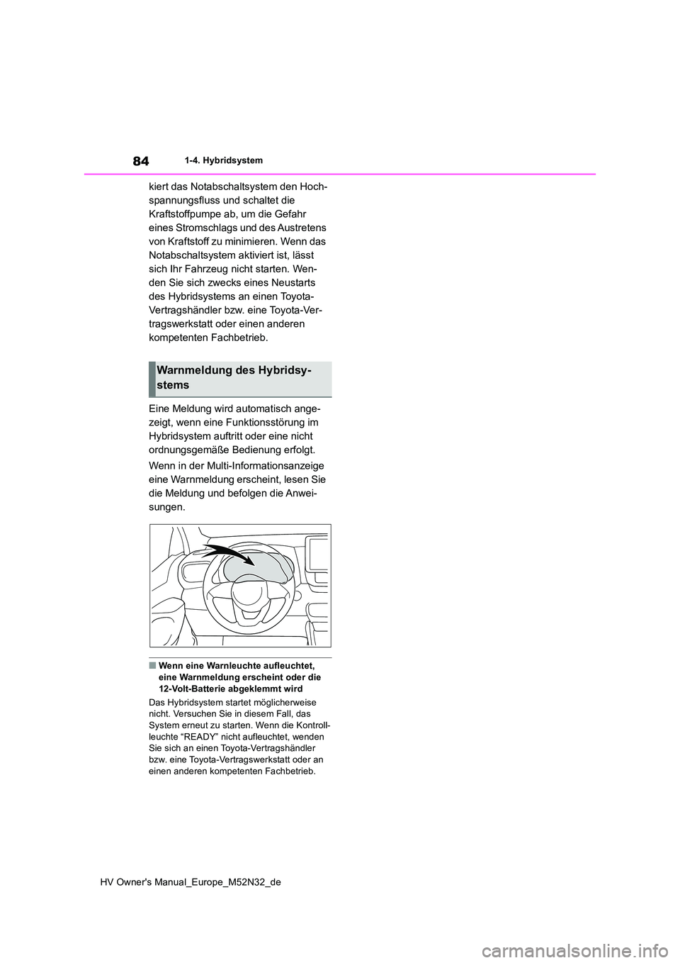 TOYOTA YARIS 2022 Betriebsanleitungen (in German) 84
HV Owner's Manual_Europe_M52N32_de
1-4. Hybridsystem
kiert das Notabschaltsystem den Hoch-
spannungsfluss und schaltet die
Kraftstoffpumpe ab, um die Gefahr
eines Stromschlags und des Austre TOYOTA YARIS 2022 Betriebsanleitungen (in German) 84
HV Owner's Manual_Europe_M52N32_de
1-4. Hybridsystem
kiert das Notabschaltsystem den Hoch-
spannungsfluss und schaltet die
Kraftstoffpumpe ab, um die Gefahr
eines Stromschlags und des Austre