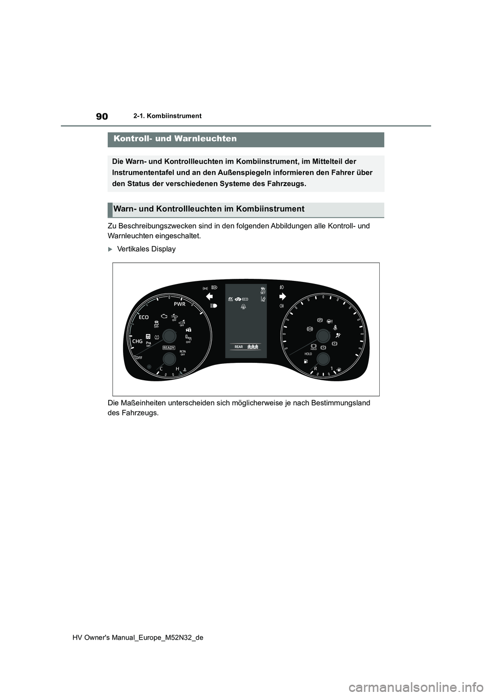 TOYOTA YARIS 2022 Betriebsanleitungen (in German) 90
HV Owner's Manual_Europe_M52N32_de
2-1. Kombiinstrument
2-1.Kombiins trument
Zu Beschreibungszwecken sind in den folgenden Abbildungen alle Kontroll- und
Warnleuchten eingeschaltet.
Vertik TOYOTA YARIS 2022 Betriebsanleitungen (in German) 90
HV Owner's Manual_Europe_M52N32_de
2-1. Kombiinstrument
2-1.Kombiins trument
Zu Beschreibungszwecken sind in den folgenden Abbildungen alle Kontroll- und
Warnleuchten eingeschaltet.
Vertik