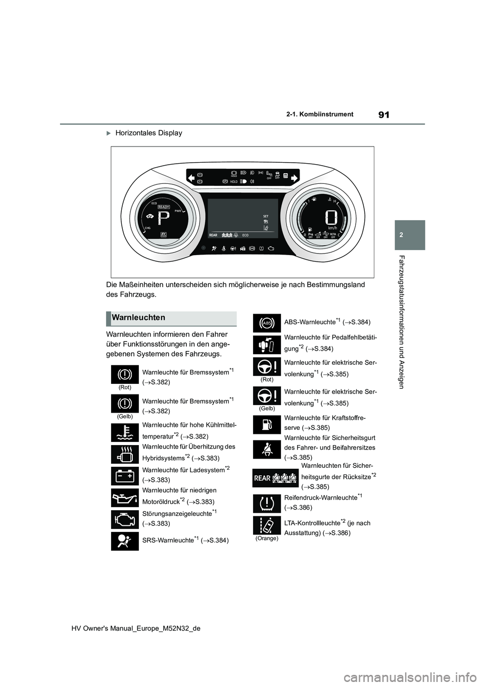 TOYOTA YARIS 2022 Betriebsanleitungen (in German) 91
2
HV Owner's Manual_Europe_M52N32_de
2-1. Kombiinstrument
Fahrzeugstatusinformationen und Anzeigen
Horizontales Display
Die Maßeinheiten unterscheiden sich möglicherweise je nach Best imm TOYOTA YARIS 2022 Betriebsanleitungen (in German) 91
2
HV Owner's Manual_Europe_M52N32_de
2-1. Kombiinstrument
Fahrzeugstatusinformationen und Anzeigen
Horizontales Display
Die Maßeinheiten unterscheiden sich möglicherweise je nach Best imm