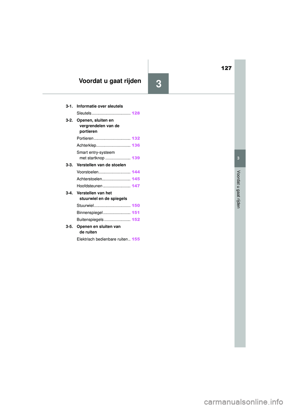 TOYOTA YARIS 2022 Instructieboekje (in Dutch) 3
127
Handleiding HV_Europa_M52N30_nl
3
Voordat u gaat rijden
Voordat u gaat rijden
3-1. Informatie over sleutelsSleutels .................................. 128
3-2. Openen, sluiten en vergrendelen v TOYOTA YARIS 2022 Instructieboekje (in Dutch) 3
127
Handleiding HV_Europa_M52N30_nl
3
Voordat u gaat rijden
Voordat u gaat rijden
3-1. Informatie over sleutelsSleutels .................................. 128
3-2. Openen, sluiten en vergrendelen v