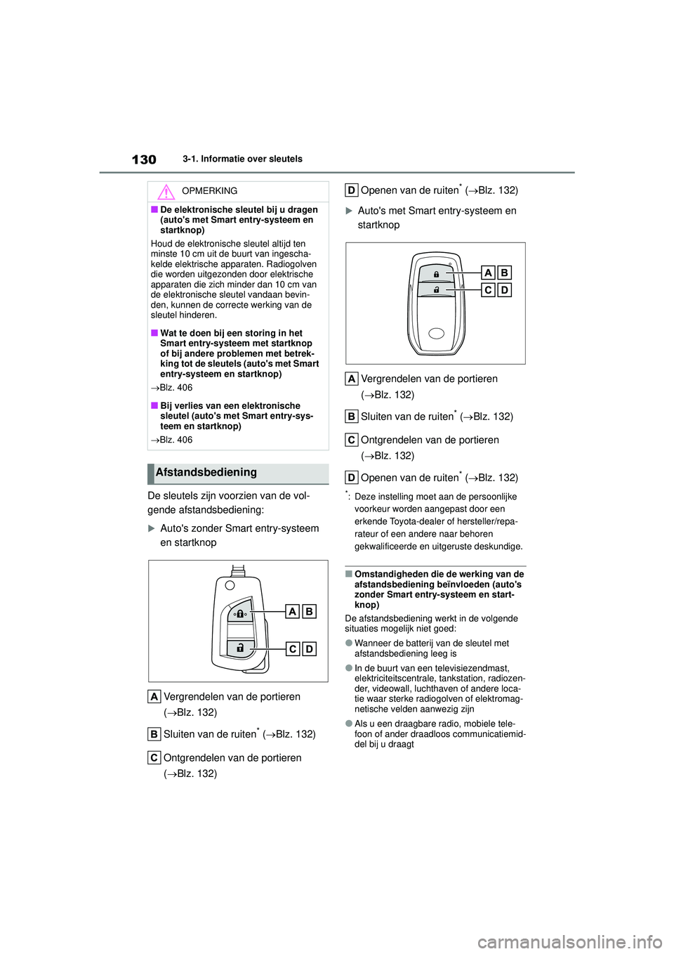 TOYOTA YARIS 2022  Instructieboekje (in Dutch) 130
Handleiding HV_Europa_M52N30_nl
3-1. Informatie over sleutels
De sleutels zijn voorzien van de vol-
gende afstandsbediening:
Autos zonder Smart entry-systeem 
en startknopVergrendelen van de p