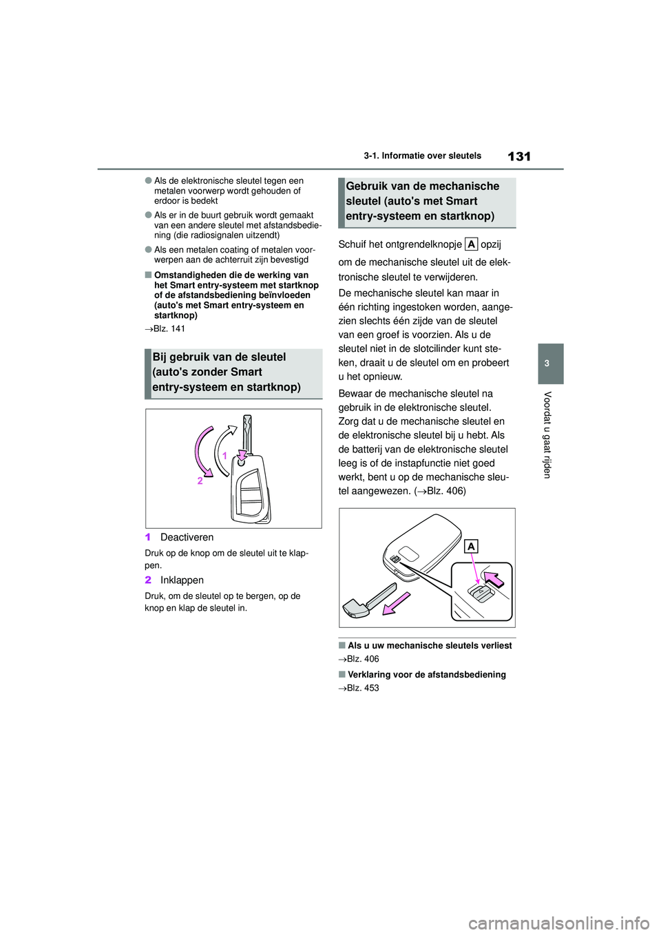 TOYOTA YARIS 2022  Instructieboekje (in Dutch) 131
3
Handleiding HV_Europa_M52N30_nl
3-1. Informatie over sleutels
Voordat u gaat rijden
●Als de elektronische sleutel tegen een 
metalen voorwerp wordt gehouden of 
erdoor is bedekt
●Als er in d