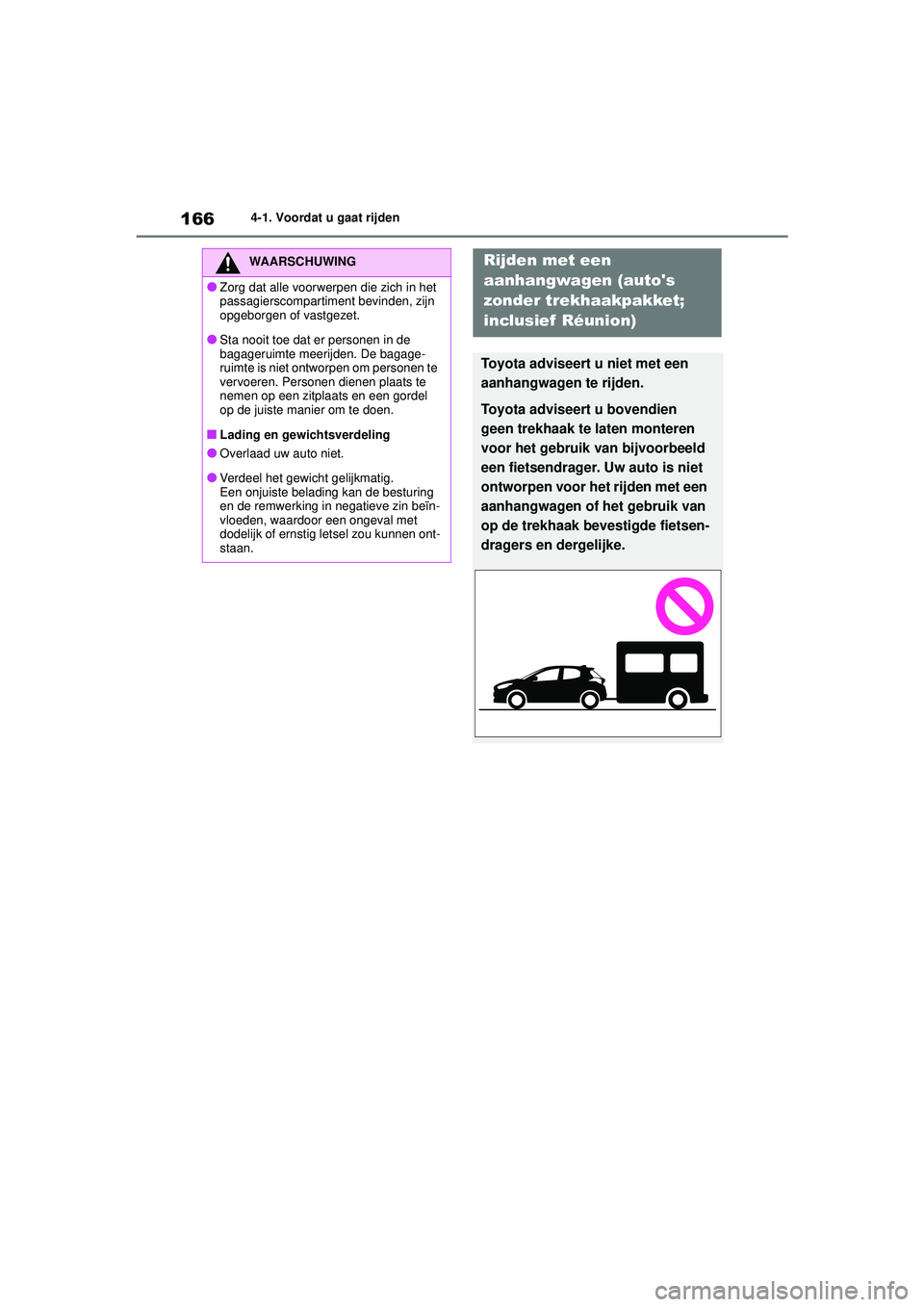 TOYOTA YARIS 2022  Instructieboekje (in Dutch) 166
Handleiding HV_Europa_M52N30_nl
4-1. Voordat u gaat rijden
WAARSCHUWING
●Zorg dat alle voorwerpen die zich in het 
passagierscompartiment bevinden, zijn 
opgeborgen of vastgezet.
●Sta nooit to