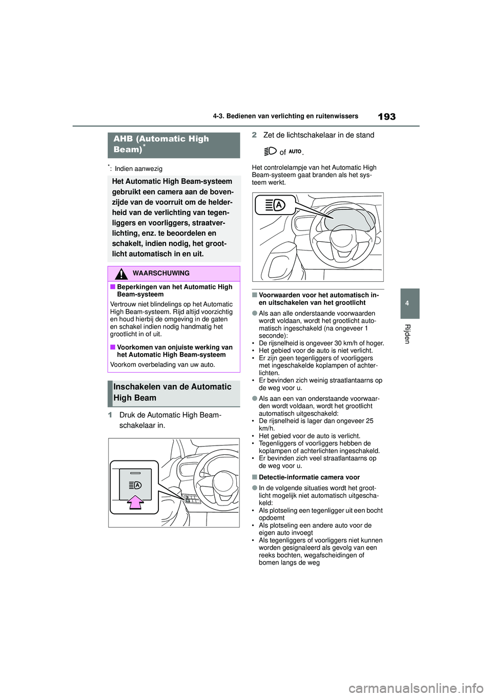 TOYOTA YARIS 2022 Instructieboekje (in Dutch) 193
4
Handleiding HV_Europa_M52N30_nl
4-3. Bedienen van verlichting en ruitenwissers
Rijden
*: Indien aanwezig
1Druk de Automatic High Beam-
schakelaar in. 2
Zet de lichtschakelaar in de stand
of . TOYOTA YARIS 2022 Instructieboekje (in Dutch) 193
4
Handleiding HV_Europa_M52N30_nl
4-3. Bedienen van verlichting en ruitenwissers
Rijden
*: Indien aanwezig
1Druk de Automatic High Beam-
schakelaar in. 2
Zet de lichtschakelaar in de stand
of .