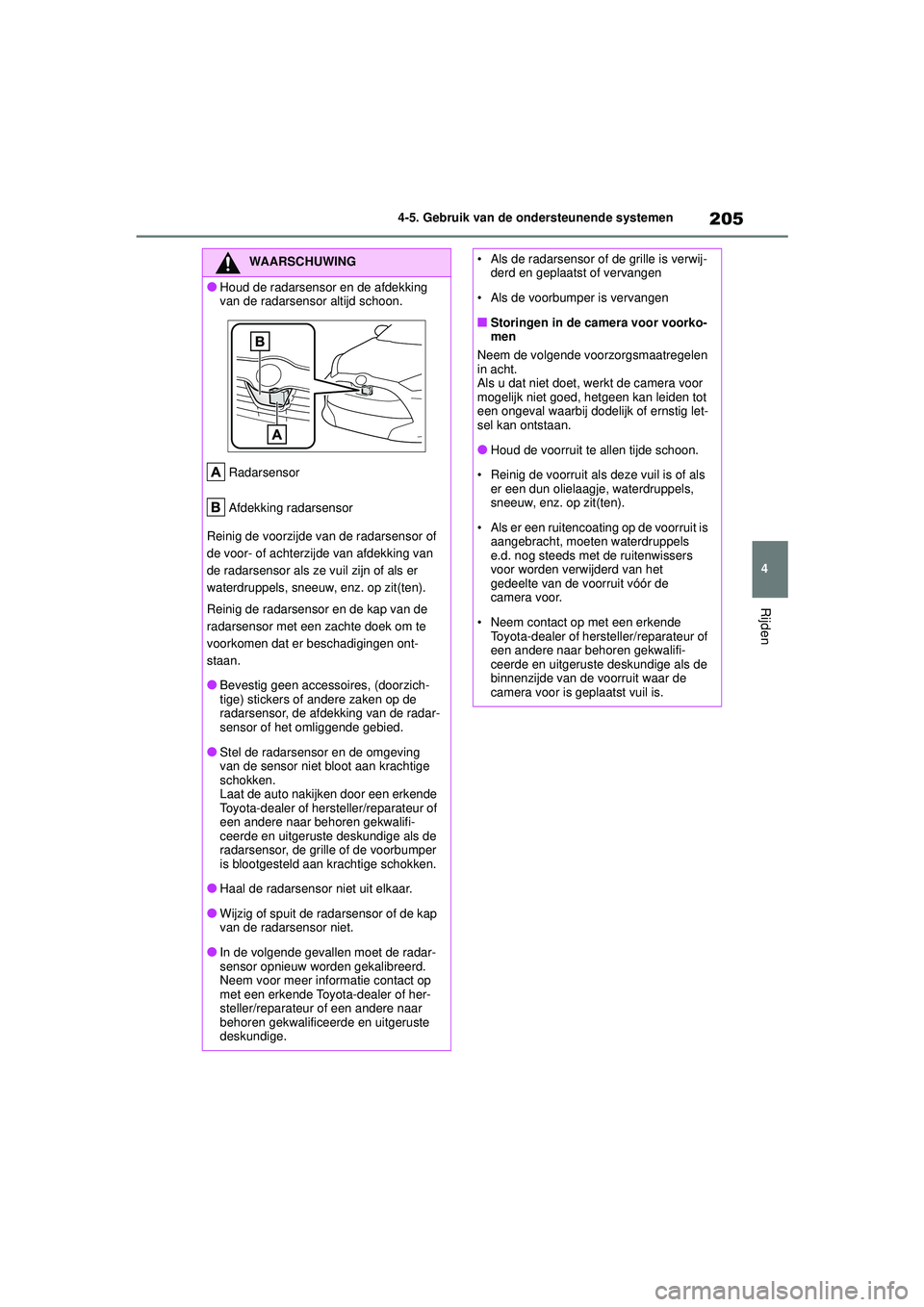 TOYOTA YARIS 2022 Instructieboekje (in Dutch) 205
4
Handleiding HV_Europa_M52N30_nl
4-5. Gebruik van de ondersteunende systemen
Rijden
WAARSCHUWING
●Houd de radarsensor en de afdekking
van de radarsensor altijd schoon.Radarsensor
Afdekking rad TOYOTA YARIS 2022 Instructieboekje (in Dutch) 205
4
Handleiding HV_Europa_M52N30_nl
4-5. Gebruik van de ondersteunende systemen
Rijden
WAARSCHUWING
●Houd de radarsensor en de afdekking
van de radarsensor altijd schoon.Radarsensor
Afdekking rad