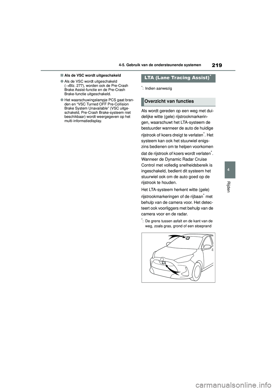 TOYOTA YARIS 2022 Instructieboekje (in Dutch) 219
4
Handleiding HV_Europa_M52N30_nl
4-5. Gebruik van de ondersteunende systemen
Rijden
■Als de VSC wordt uitgeschakeld
●Als de VSC wordt uitgeschakeld
( Blz. 277), worden ook de Pre-Crash
B TOYOTA YARIS 2022 Instructieboekje (in Dutch) 219
4
Handleiding HV_Europa_M52N30_nl
4-5. Gebruik van de ondersteunende systemen
Rijden
■Als de VSC wordt uitgeschakeld
●Als de VSC wordt uitgeschakeld
( Blz. 277), worden ook de Pre-Crash
B