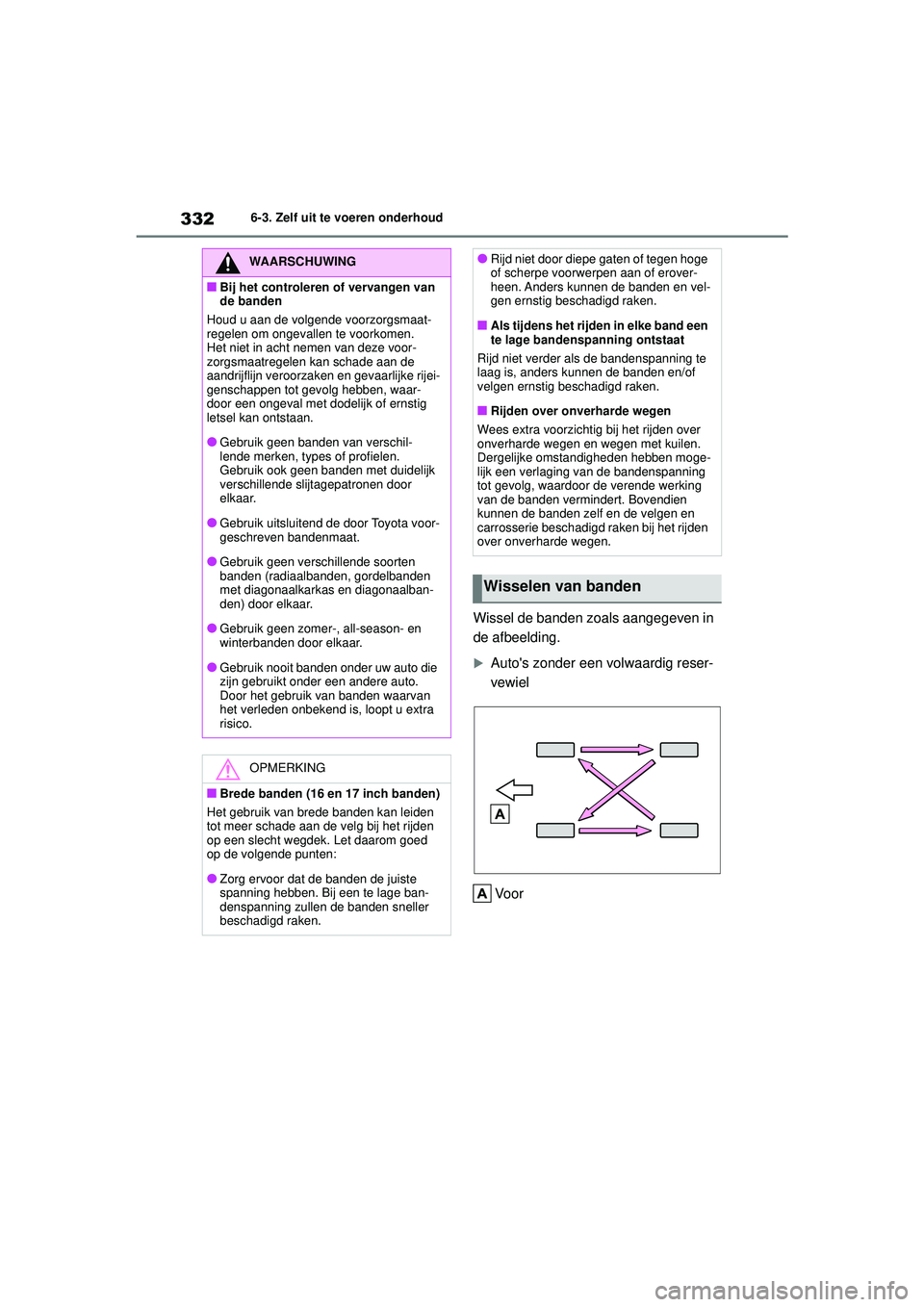TOYOTA YARIS 2022  Instructieboekje (in Dutch) 332
Handleiding HV_Europa_M52N30_nl
6-3. Zelf uit te voeren onderhoud
Wissel de banden zoals aangegeven in 
de afbeelding.
Autos zonder een volwaardig reser-
vewielVo o r
WAARSCHUWING
■Bij het c