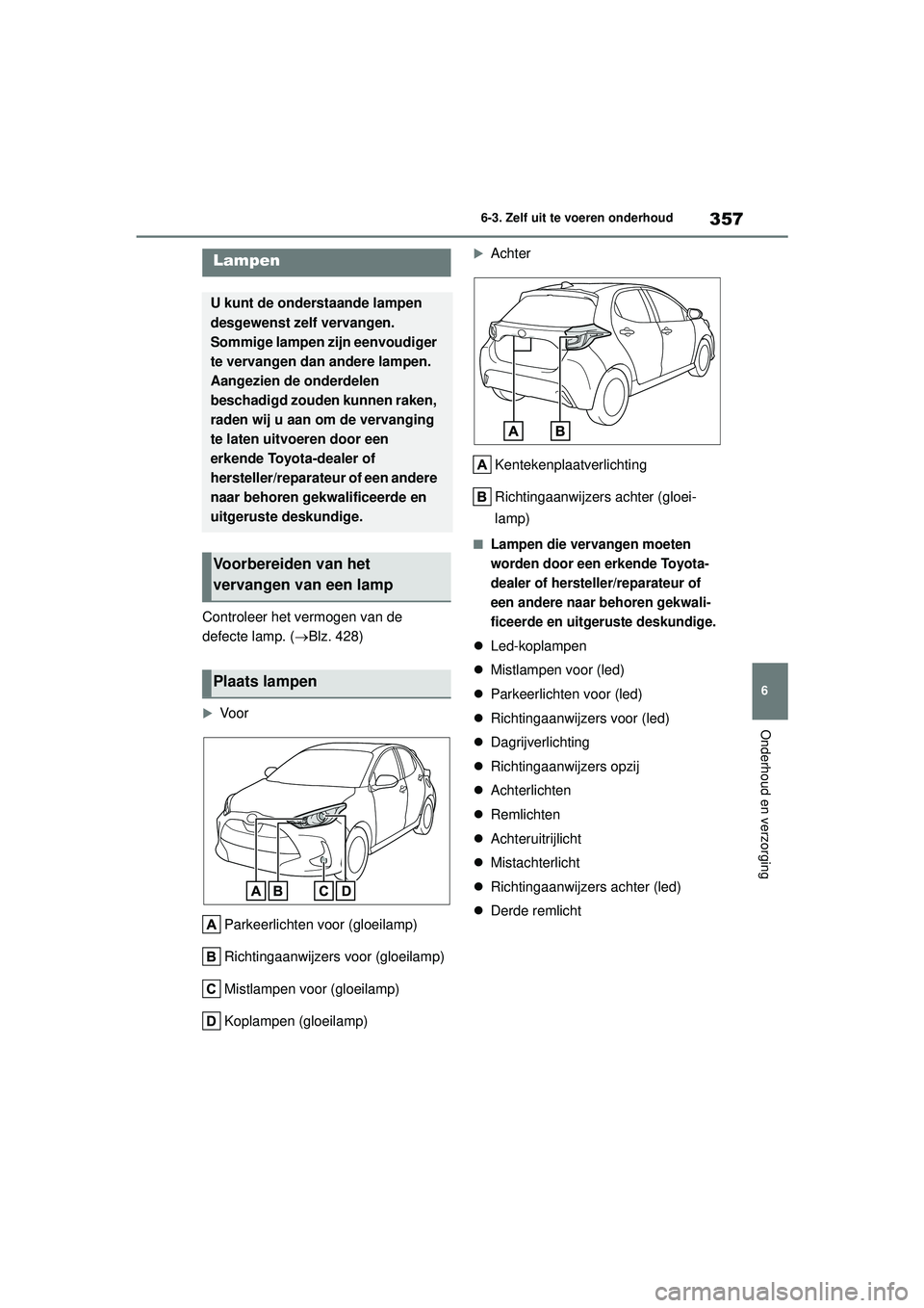 TOYOTA YARIS 2022  Instructieboekje (in Dutch) 357
6
Handleiding HV_Europa_M52N30_nl
6-3. Zelf uit te voeren onderhoud
Onderhoud en verzorging
Controleer het vermogen van de 
defecte lamp. (Blz. 428)
Vo o r
Parkeerlichten voor (gloeilamp)
Ri