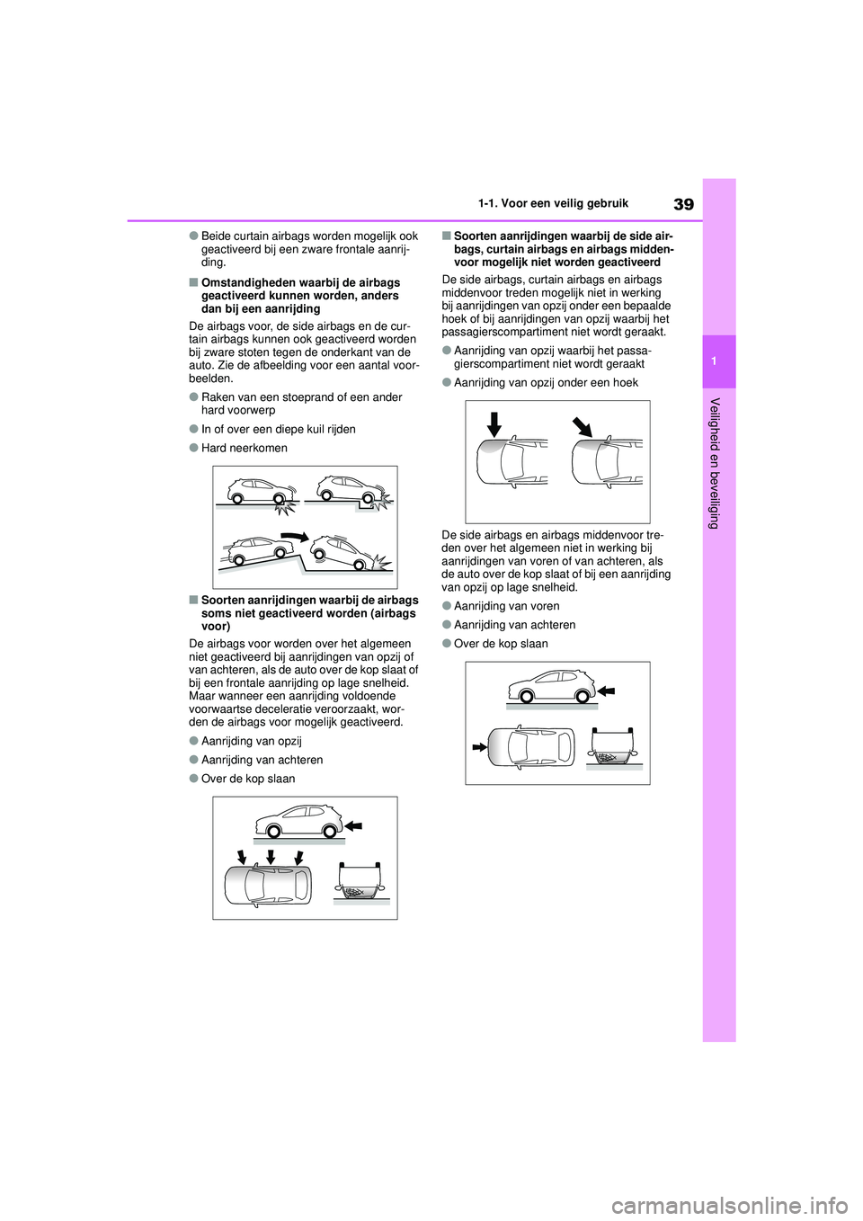 TOYOTA YARIS 2022 Instructieboekje (in Dutch) 39
1
Handleiding HV_Europa_M52N30_nl
1-1. Voor een veilig gebruik
Veiligheid en beveiliging
●Beide curtain airbags worden mogelijk ook
geactiveerd bij een zware frontale aanrij-
ding.
■Omstandigh TOYOTA YARIS 2022 Instructieboekje (in Dutch) 39
1
Handleiding HV_Europa_M52N30_nl
1-1. Voor een veilig gebruik
Veiligheid en beveiliging
●Beide curtain airbags worden mogelijk ook
geactiveerd bij een zware frontale aanrij-
ding.
■Omstandigh