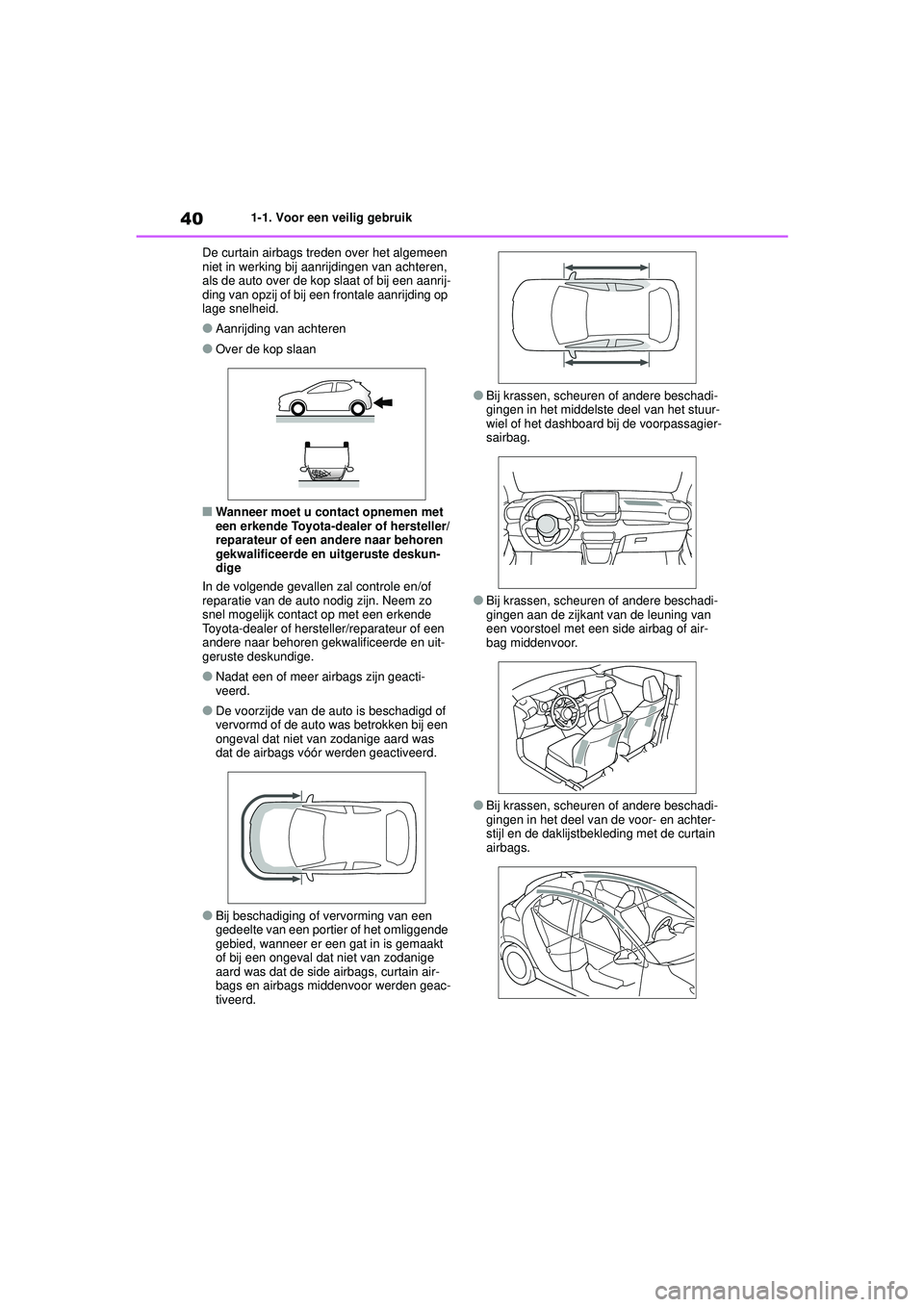 TOYOTA YARIS 2022 Instructieboekje (in Dutch) 40
Handleiding HV_Europa_M52N30_nl
1-1. Voor een veilig gebruik
De curtain airbags treden over het algemeen
niet in werking bij aanrijdingen van achteren,
als de auto over de kop slaat of bij een aa TOYOTA YARIS 2022 Instructieboekje (in Dutch) 40
Handleiding HV_Europa_M52N30_nl
1-1. Voor een veilig gebruik
De curtain airbags treden over het algemeen
niet in werking bij aanrijdingen van achteren,
als de auto over de kop slaat of bij een aa