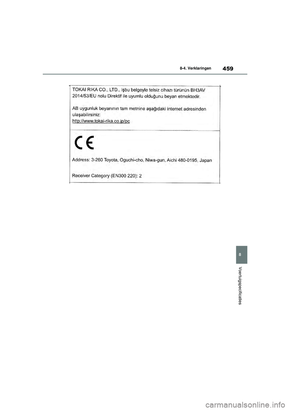 TOYOTA YARIS 2022  Instructieboekje (in Dutch) 459
8
Handleiding HV_Europa_M52N30_nl
8-4. Verklaringen
Voertuigspecificaties
YARIS(HB)_HV_OM_Europe_OM52N30E.book  Page 459  Thursday, August 26, 2021  4:59 PM 