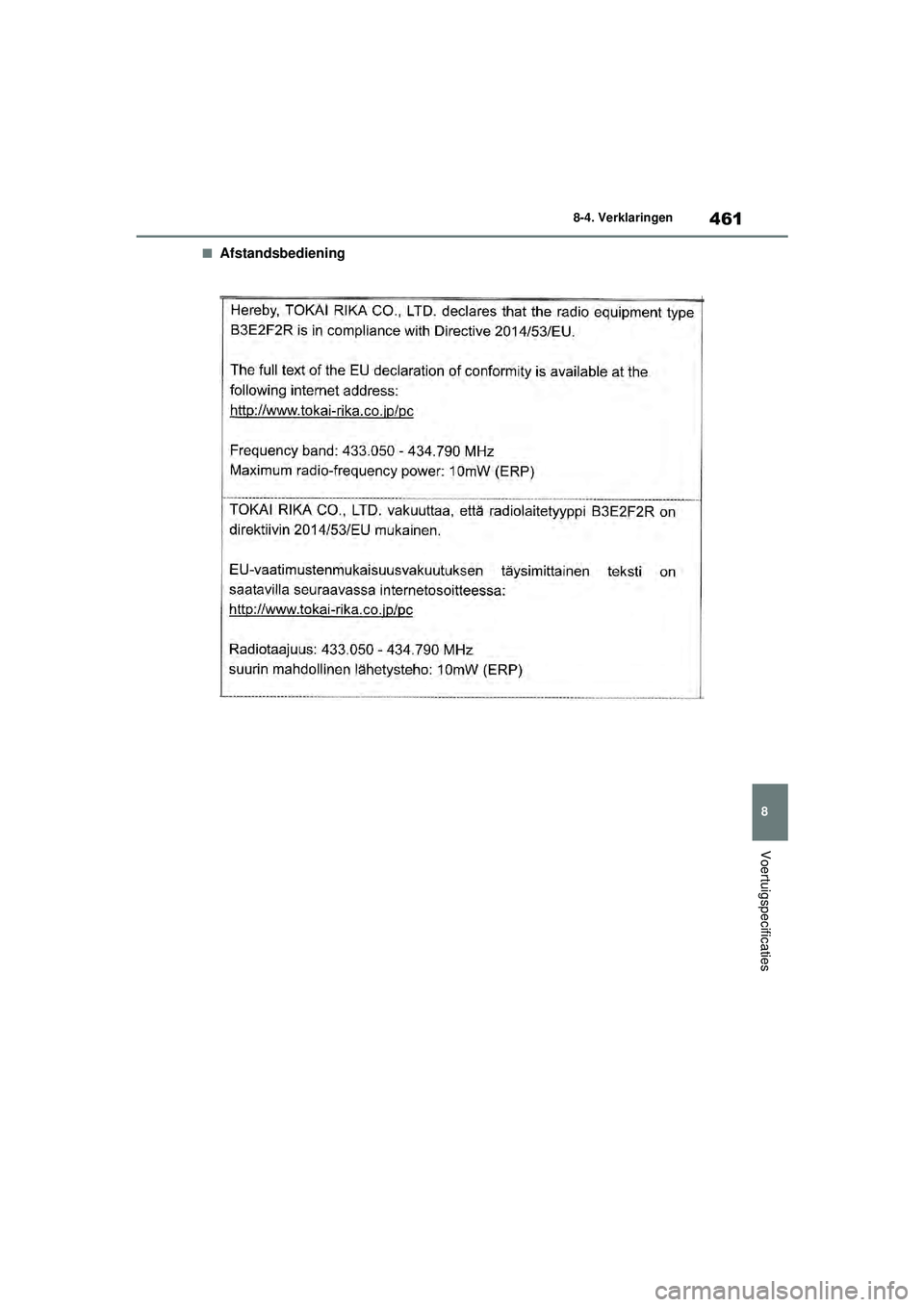 TOYOTA YARIS 2022  Instructieboekje (in Dutch) 461
8
Handleiding HV_Europa_M52N30_nl
8-4. Verklaringen
Voertuigspecificaties
■Afstandsbediening
YARIS(HB)_HV_OM_Europe_OM52N30E.book  Page 461  Thursday, August 26, 2021  4:59 PM 