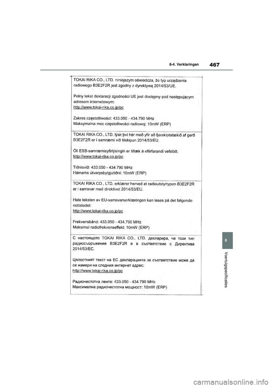 TOYOTA YARIS 2022  Instructieboekje (in Dutch) 467
8
Handleiding HV_Europa_M52N30_nl
8-4. Verklaringen
Voertuigspecificaties
YARIS(HB)_HV_OM_Europe_OM52N30E.book  Page 467  Thursday, August 26, 2021  4:59 PM 