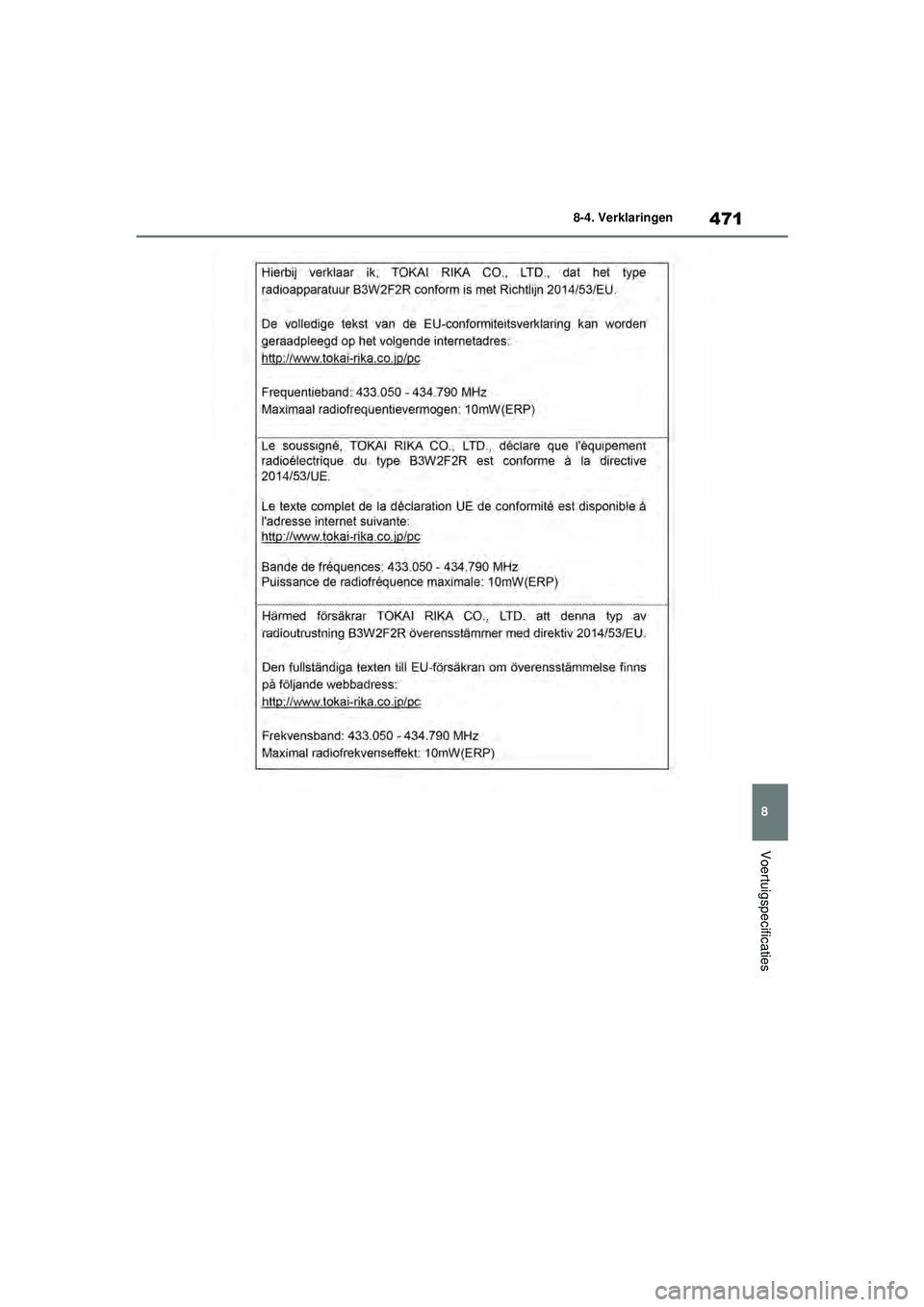 TOYOTA YARIS 2022  Instructieboekje (in Dutch) 471
8
Handleiding HV_Europa_M52N30_nl
8-4. Verklaringen
Voertuigspecificaties
YARIS(HB)_HV_OM_Europe_OM52N30E.book  Page 471  Thursday, August 26, 2021  4:59 PM 