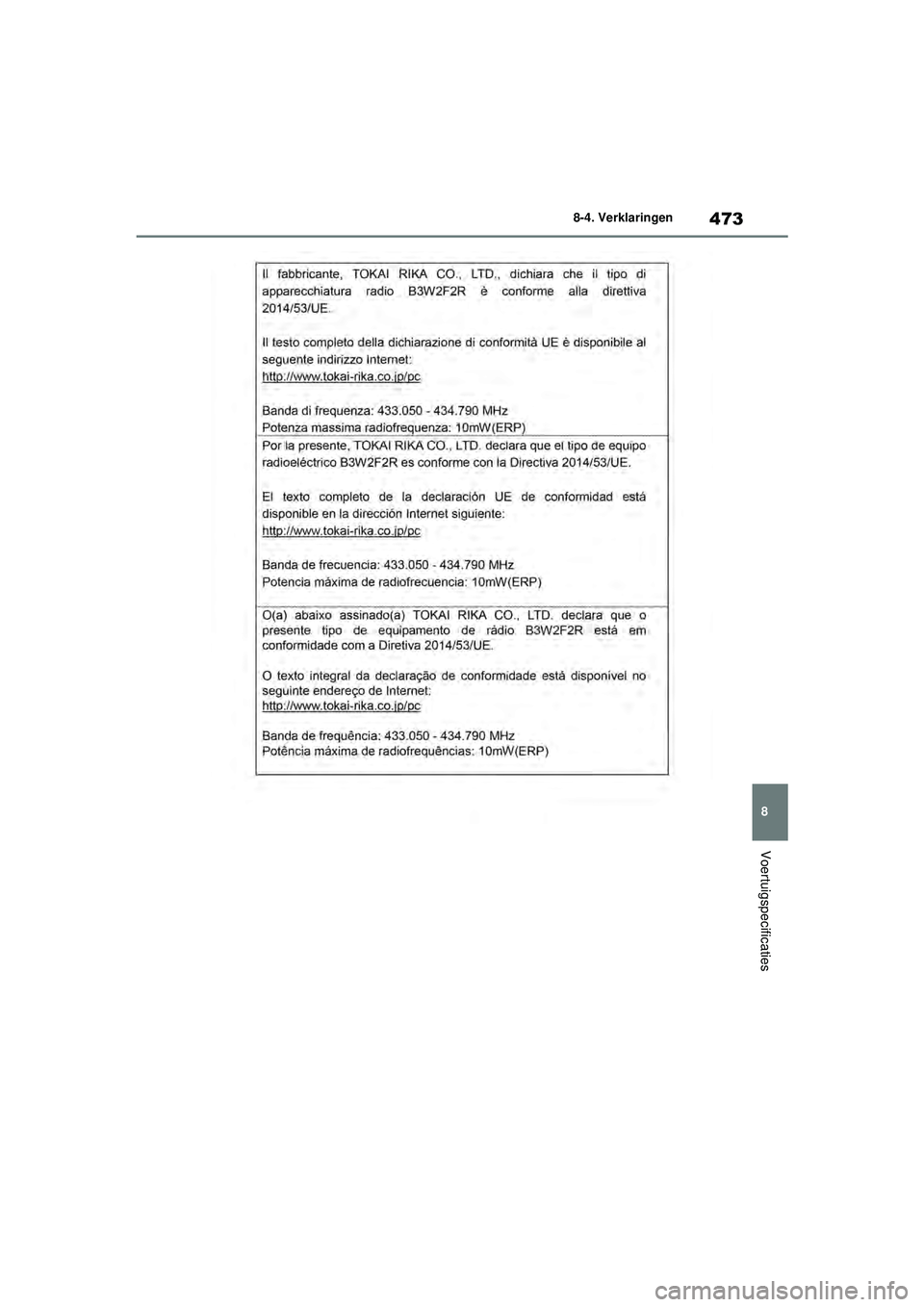 TOYOTA YARIS 2022  Instructieboekje (in Dutch) 473
8
Handleiding HV_Europa_M52N30_nl
8-4. Verklaringen
Voertuigspecificaties
YARIS(HB)_HV_OM_Europe_OM52N30E.book  Page 473  Thursday, August 26, 2021  4:59 PM 