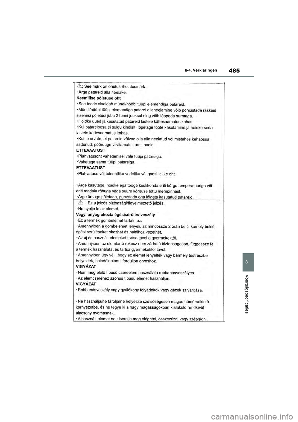 TOYOTA YARIS 2022  Instructieboekje (in Dutch) 485
8
Handleiding HV_Europa_M52N30_nl
8-4. Verklaringen
Voertuigspecificaties
YARIS(HB)_HV_OM_Europe_OM52N30E.book  Page 485  Thursday, August 26, 2021  4:59 PM 