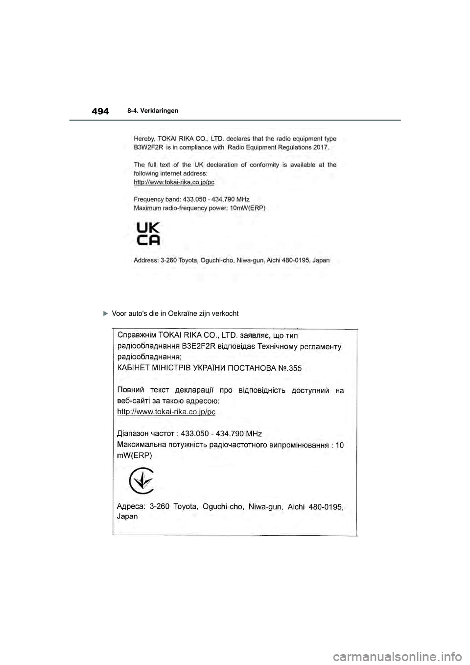 TOYOTA YARIS 2022  Instructieboekje (in Dutch) 494
Handleiding HV_Europa_M52N30_nl
8-4. Verklaringen

Voor autos die in Oekraïne zijn verkocht
YARIS(HB)_HV_OM_Europe_OM52N30E.book  Page 494  Thursday, August 26, 2021  4:59 PM 