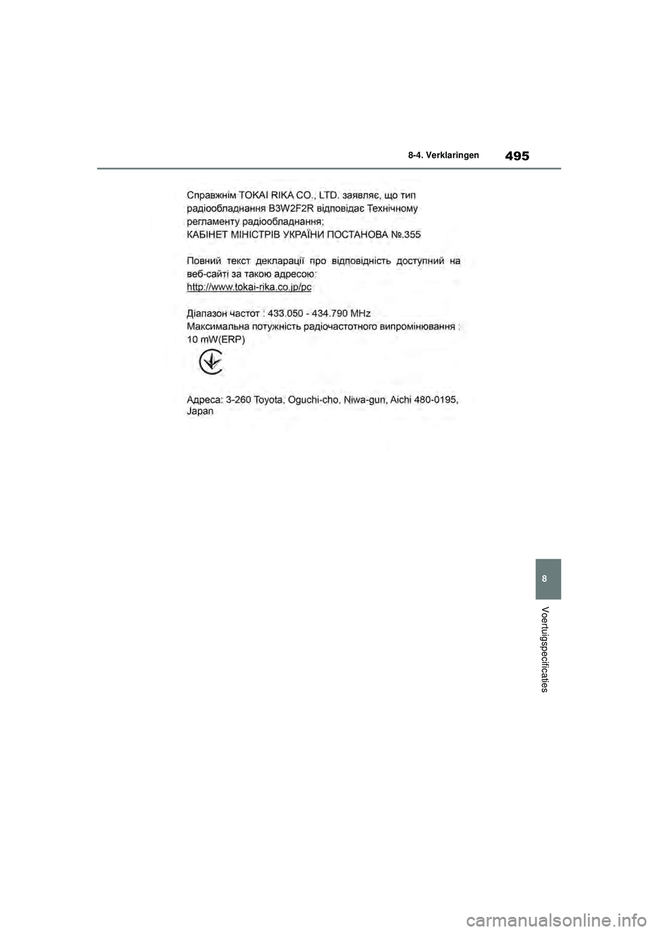 TOYOTA YARIS 2022  Instructieboekje (in Dutch) 495
8
Handleiding HV_Europa_M52N30_nl
8-4. Verklaringen
Voertuigspecificaties
YARIS(HB)_HV_OM_Europe_OM52N30E.book  Page 495  Thursday, August 26, 2021  4:59 PM 